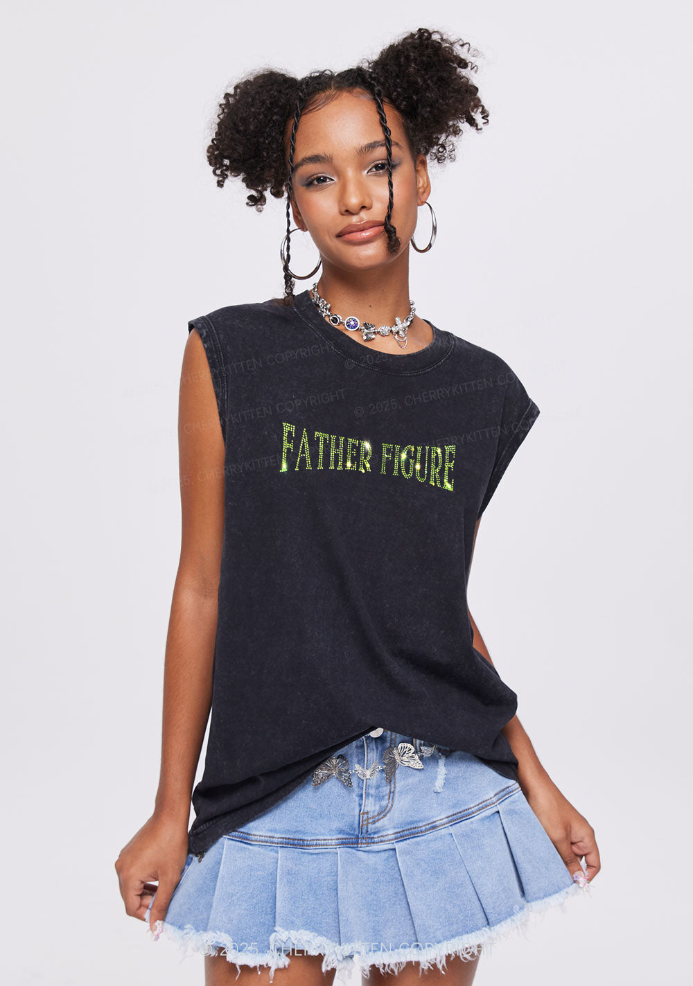 Rhinestone Father Figure Y2K Washed Muscle Tank Cherrykitten