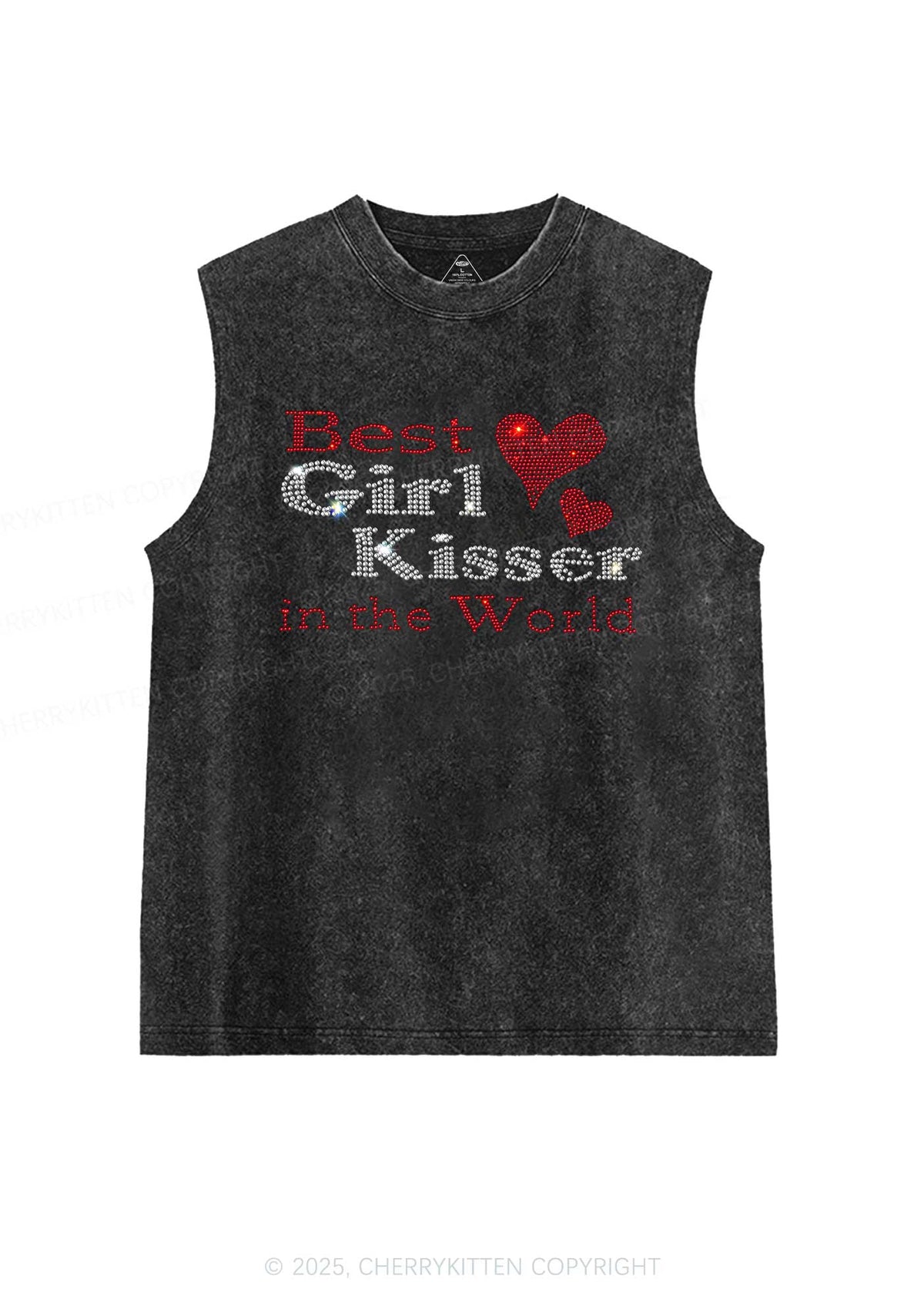 Rhinestone Best Girl Kisser Pride Y2K Washed Muscle Tank Cherrykitten