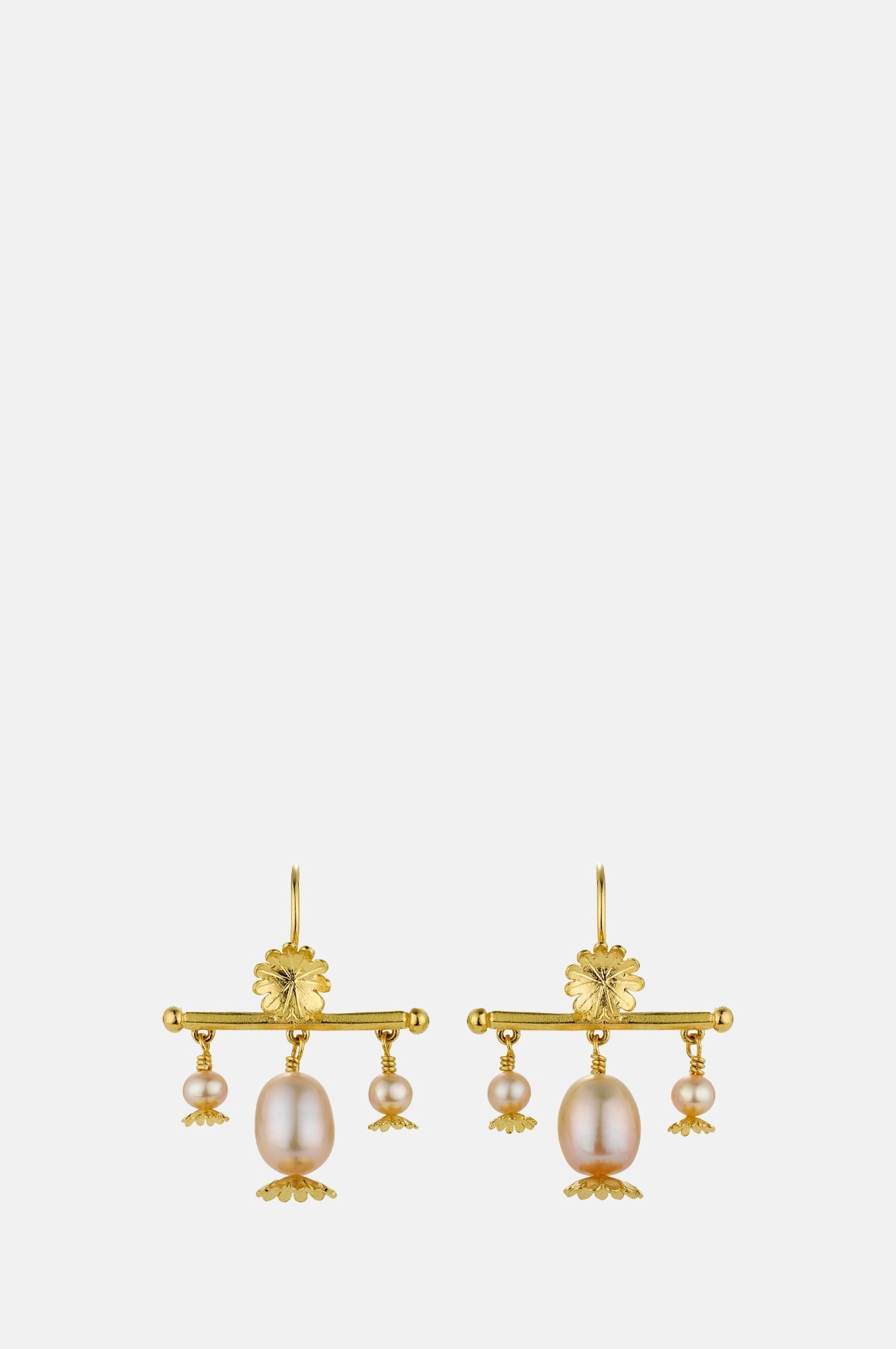 Poppy Head Chandelier Pink Pearl Drop Earrings Gold Plate