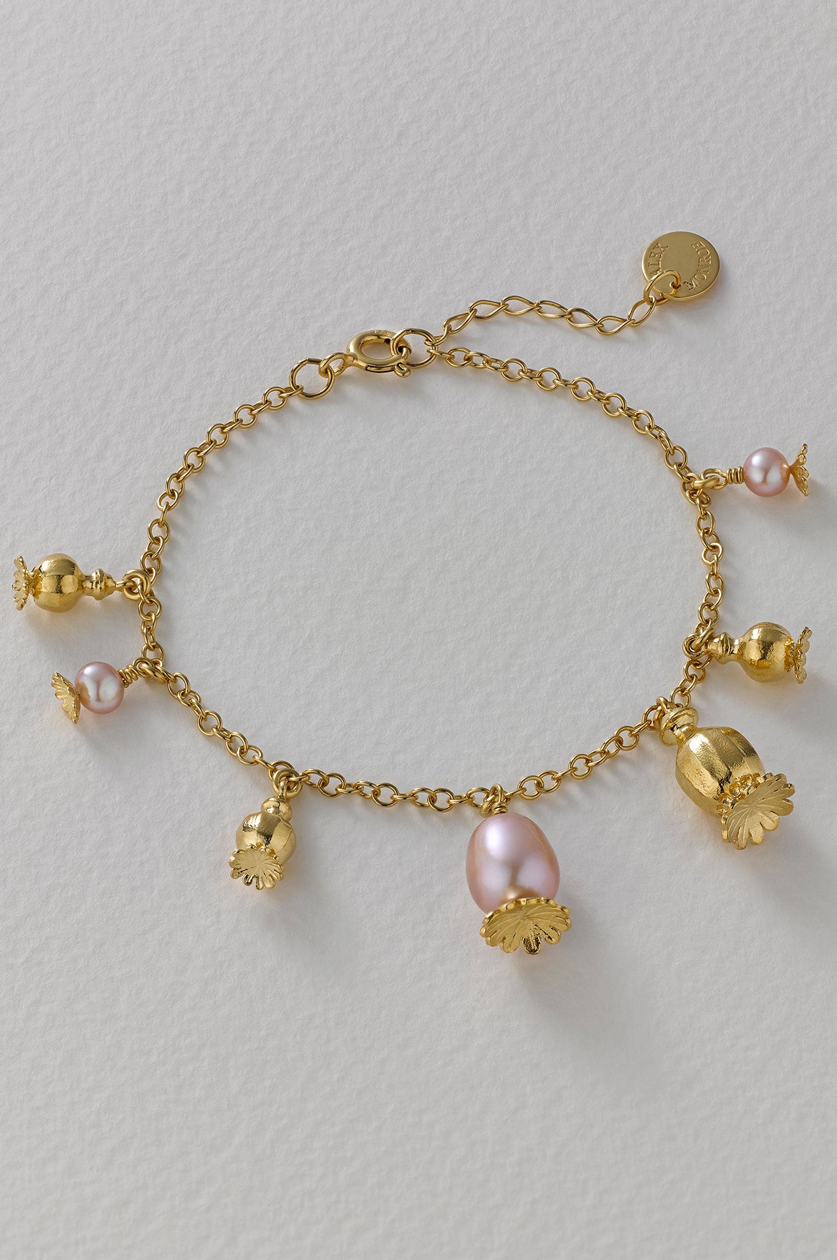 Scattered Poppy Head Charm Pink Pearls Bracelet Gold Plate