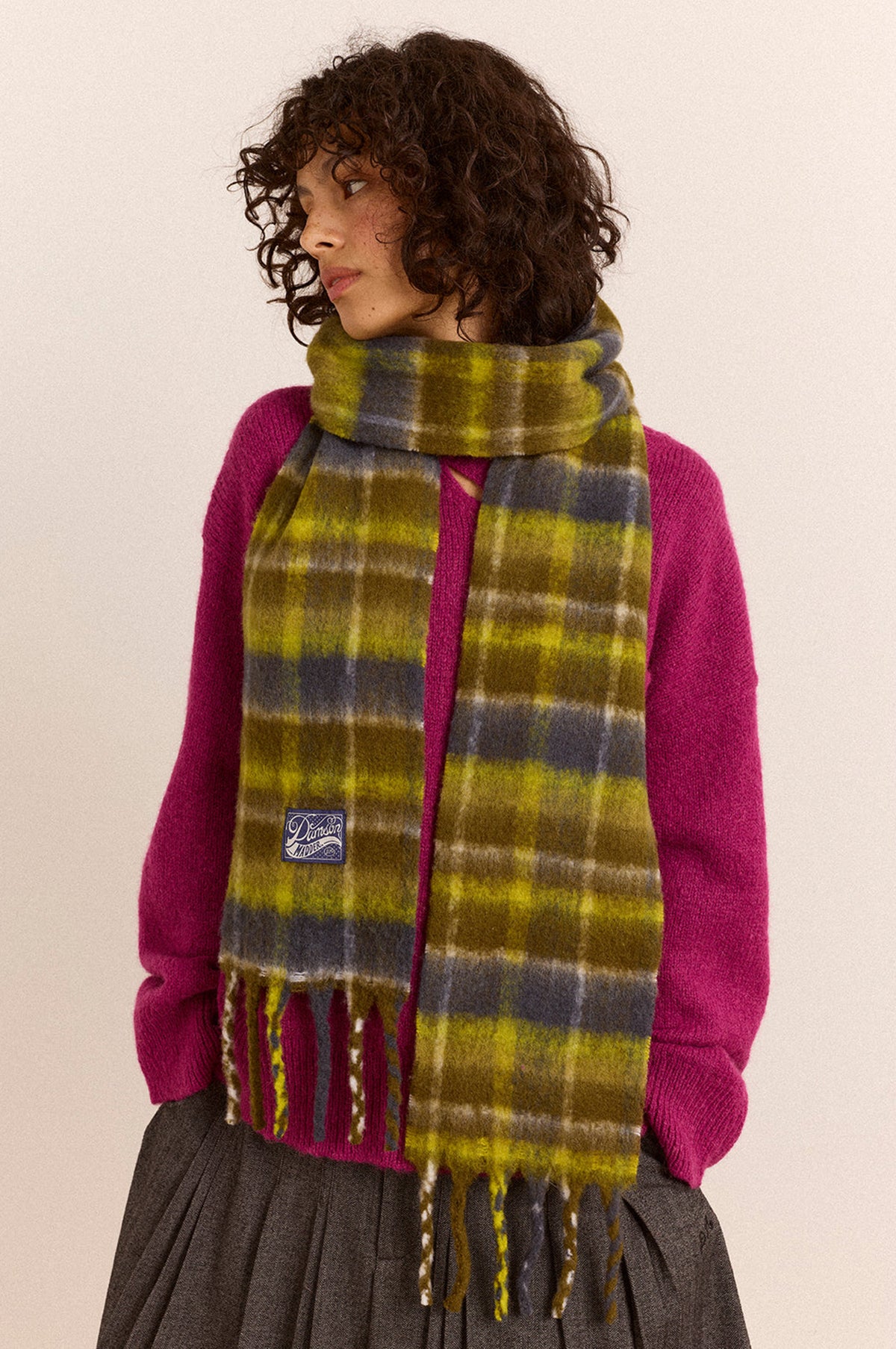 Brushed Fluffy Slim Scarf Lark Green Check