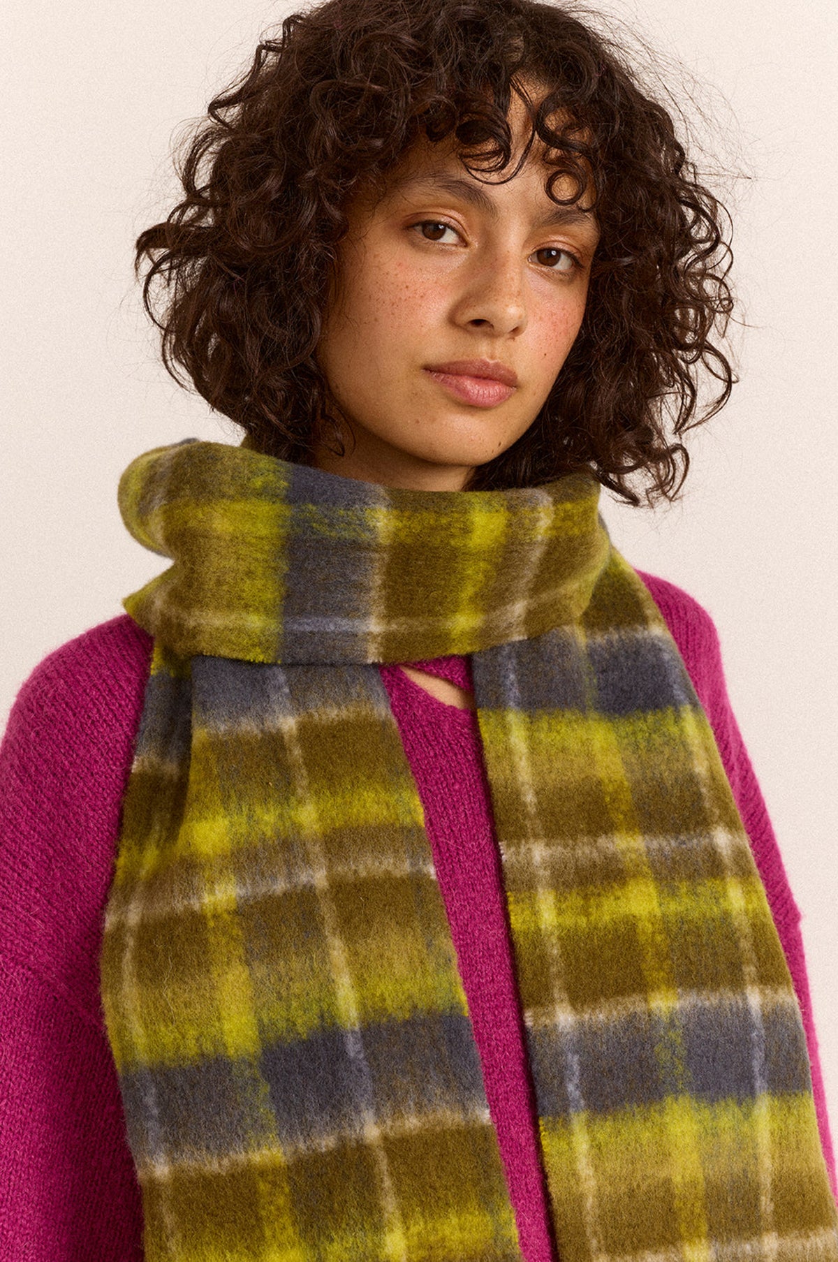 Brushed Fluffy Slim Scarf Lark Green Check