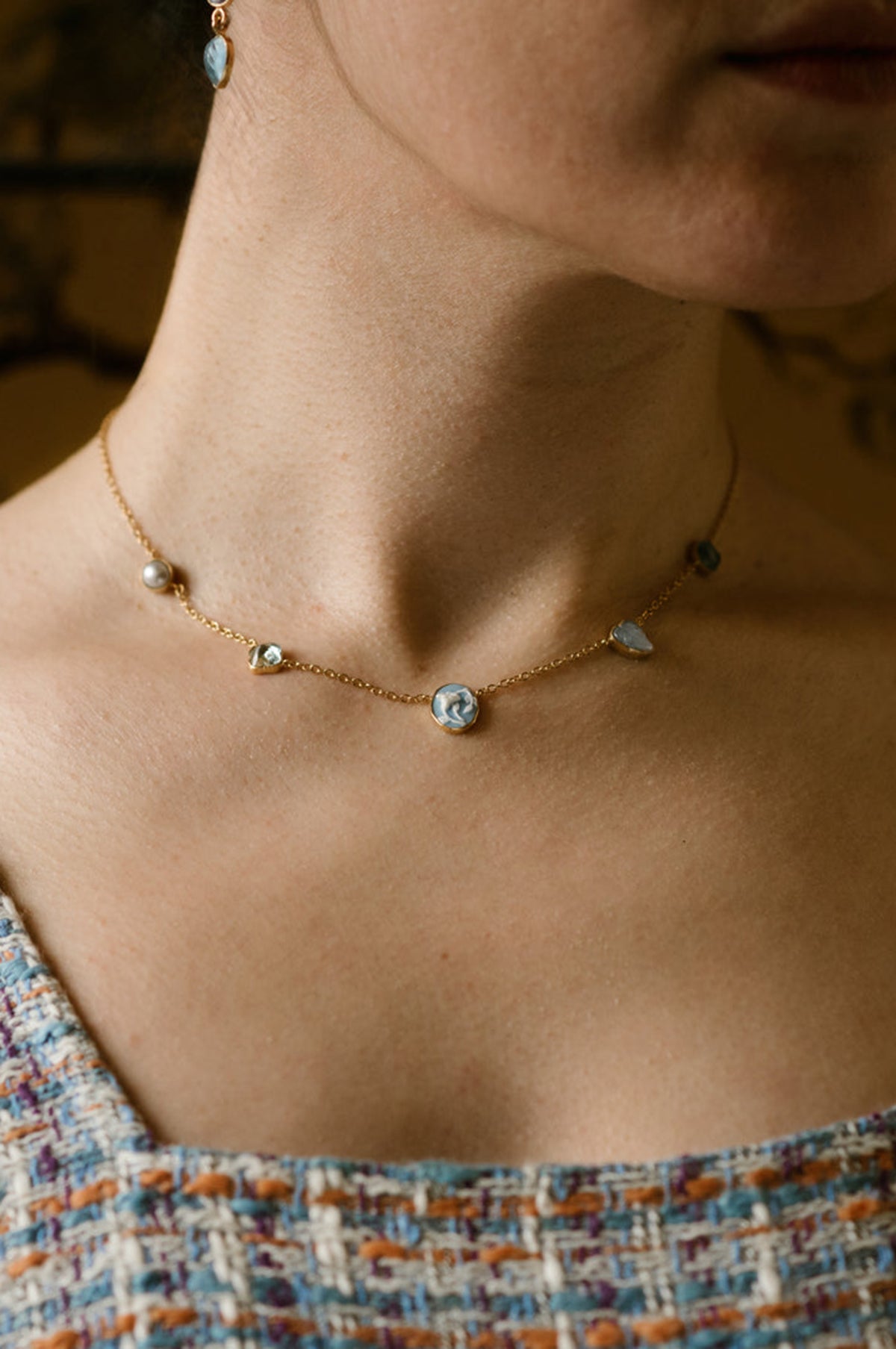 Five Mini Charm Blue Cameo Necklace