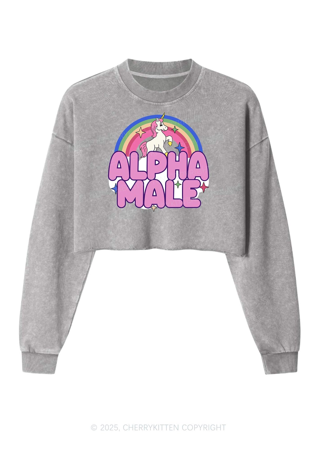 Rainbow Unicorn Alpha Male Y2K Crop Washed Sweatshirts Cherrykitten