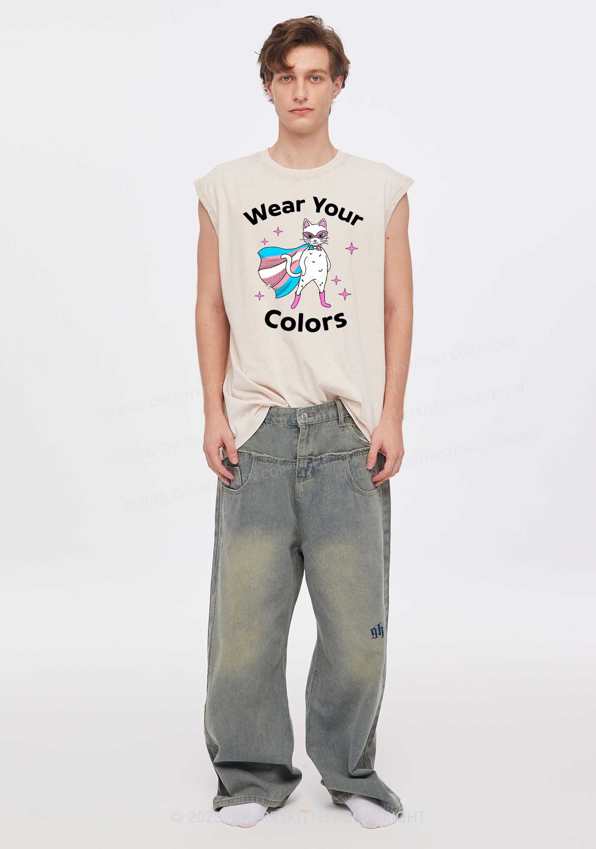 Transgender Flag Cat Pride Y2K Washed Muscle Tank Cherrykitten