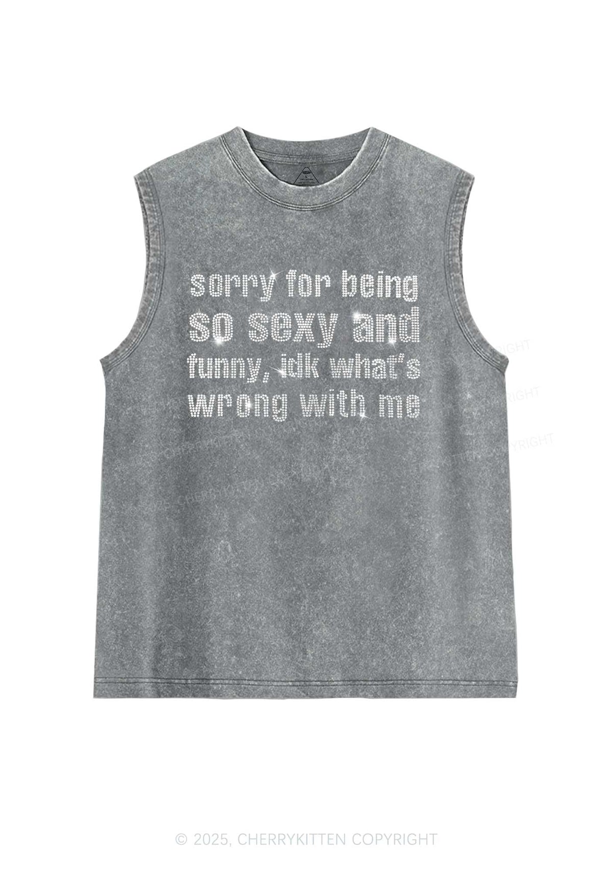 Rhinestone Sorry For Being So Funny Y2K Washed Muscle Tank Cherrykitten