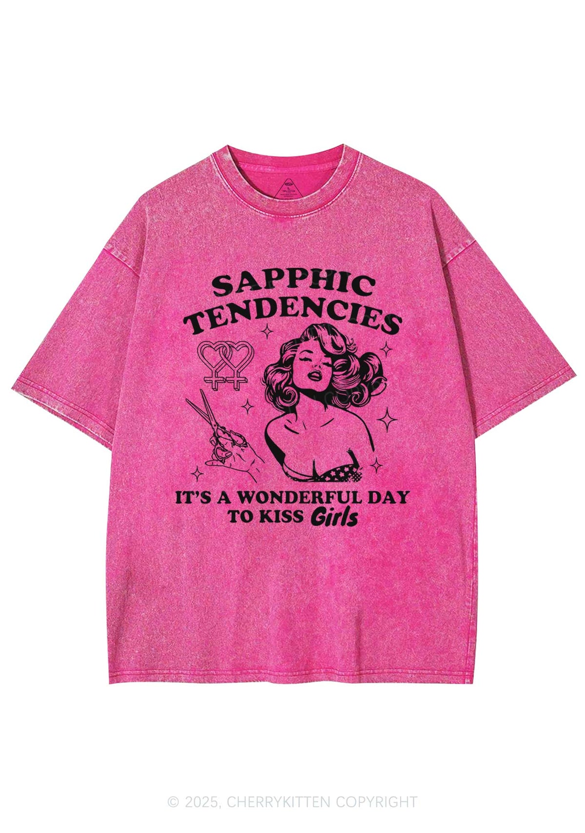 Sapphic Tendencies Kiss Girls Y2K Shirts Washed Tee Cherrykitten