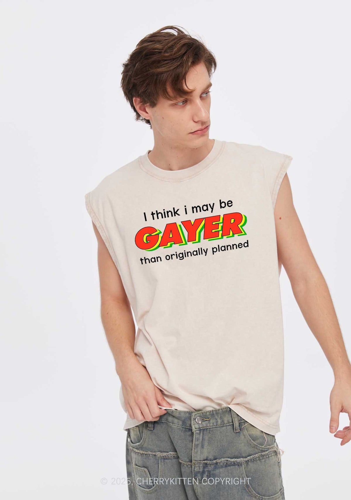 I May Be Gayer Pride Y2K Washed Muscle Tank Cherrykitten