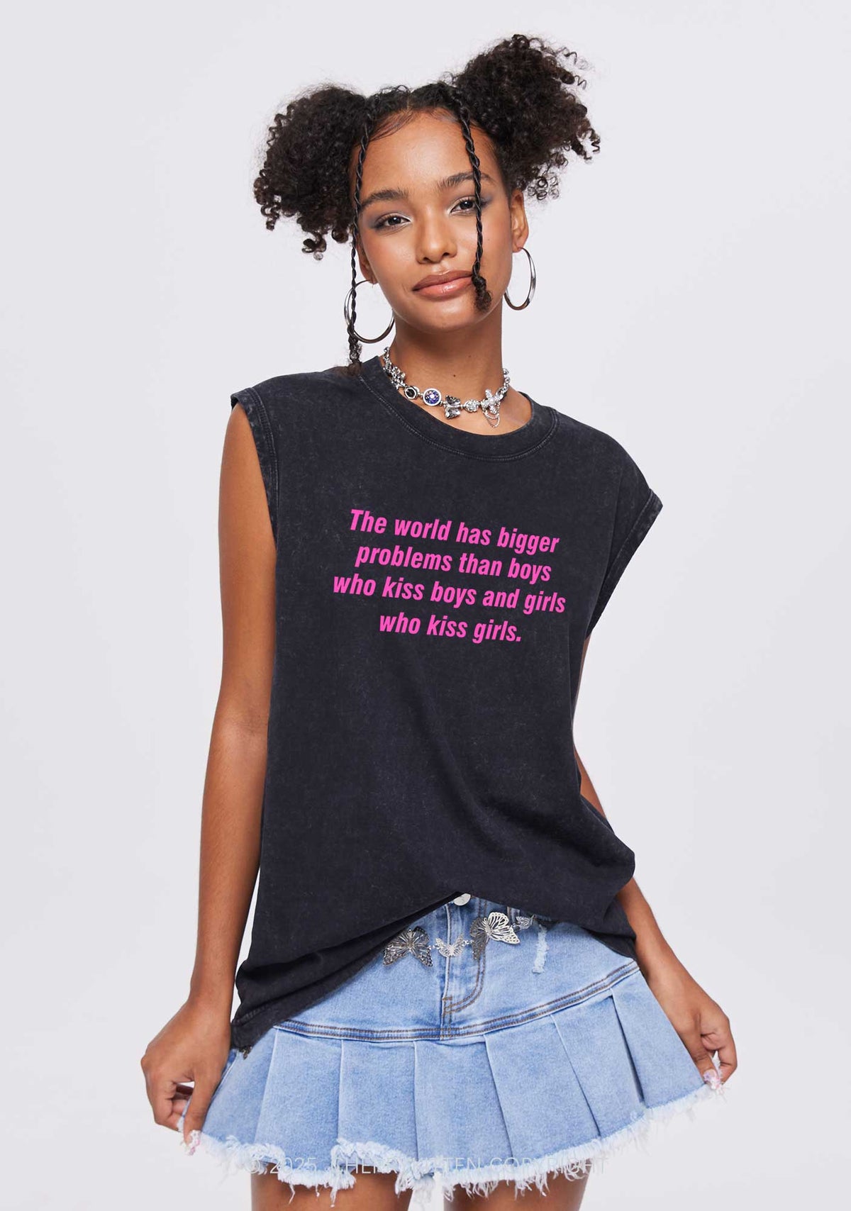 Who Kiss Girls Pride Y2K Washed Muscle Tank Cherrykitten