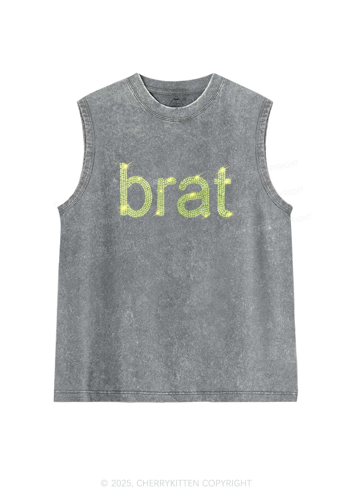 Rhinestone Green Brat Y2K Washed Muscle Tank Cherrykitten