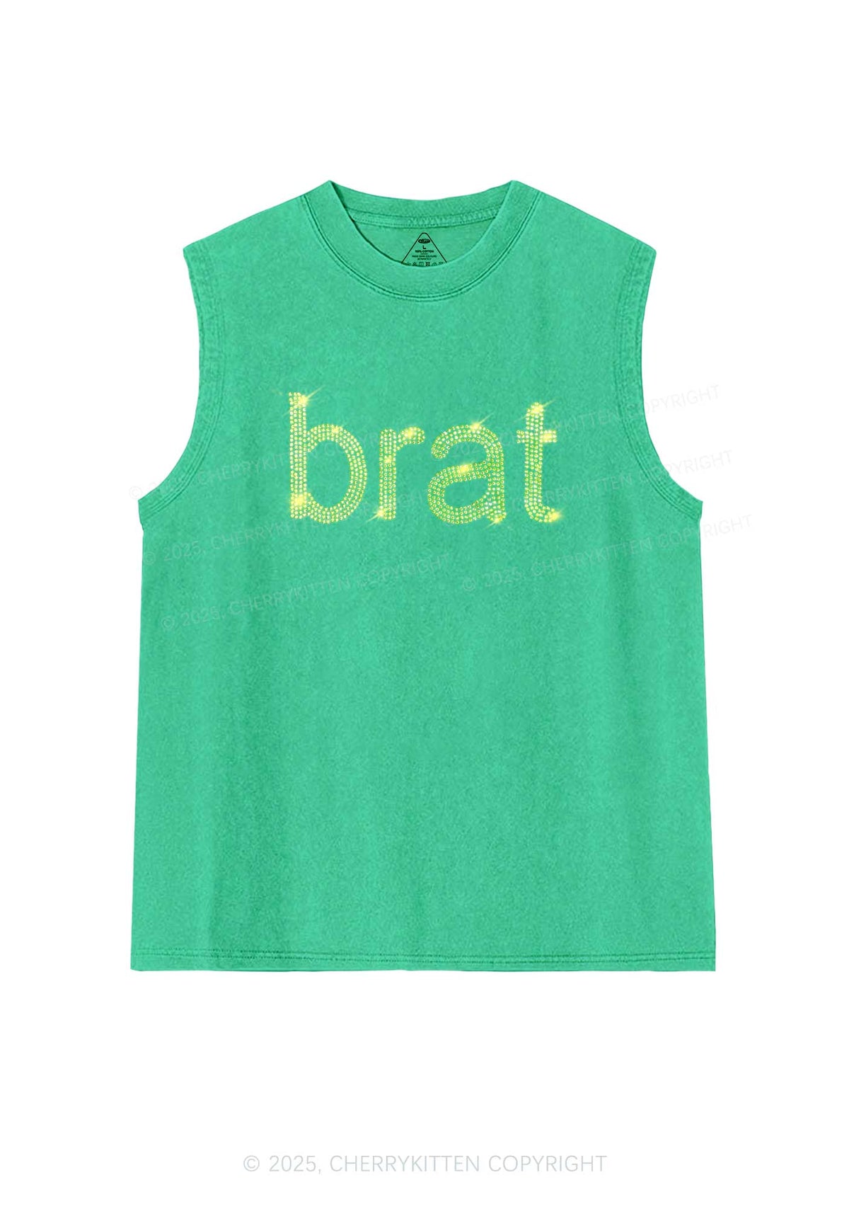 Rhinestone Green Brat Y2K Washed Muscle Tank Cherrykitten