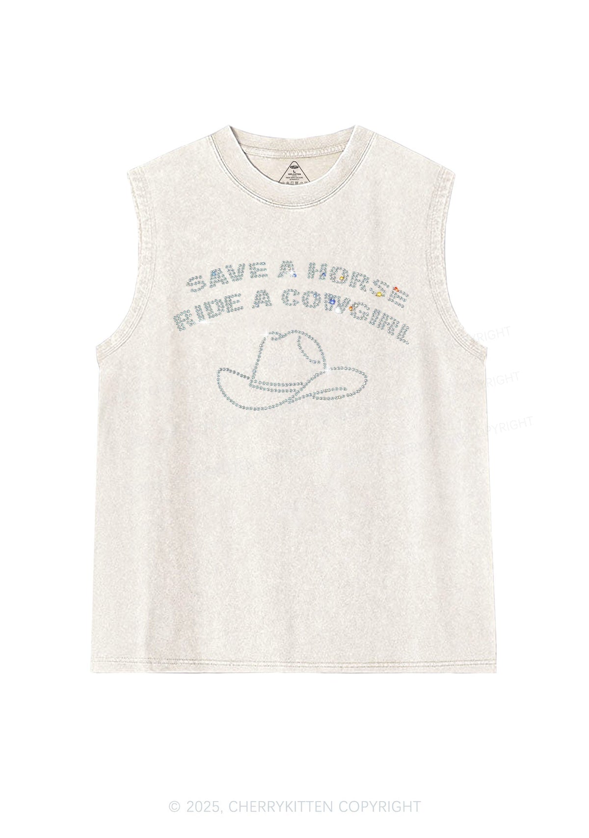 Rhinestone Save Horse Ride Cowgirl Y2K Washed Muscle Tank Cherrykitten