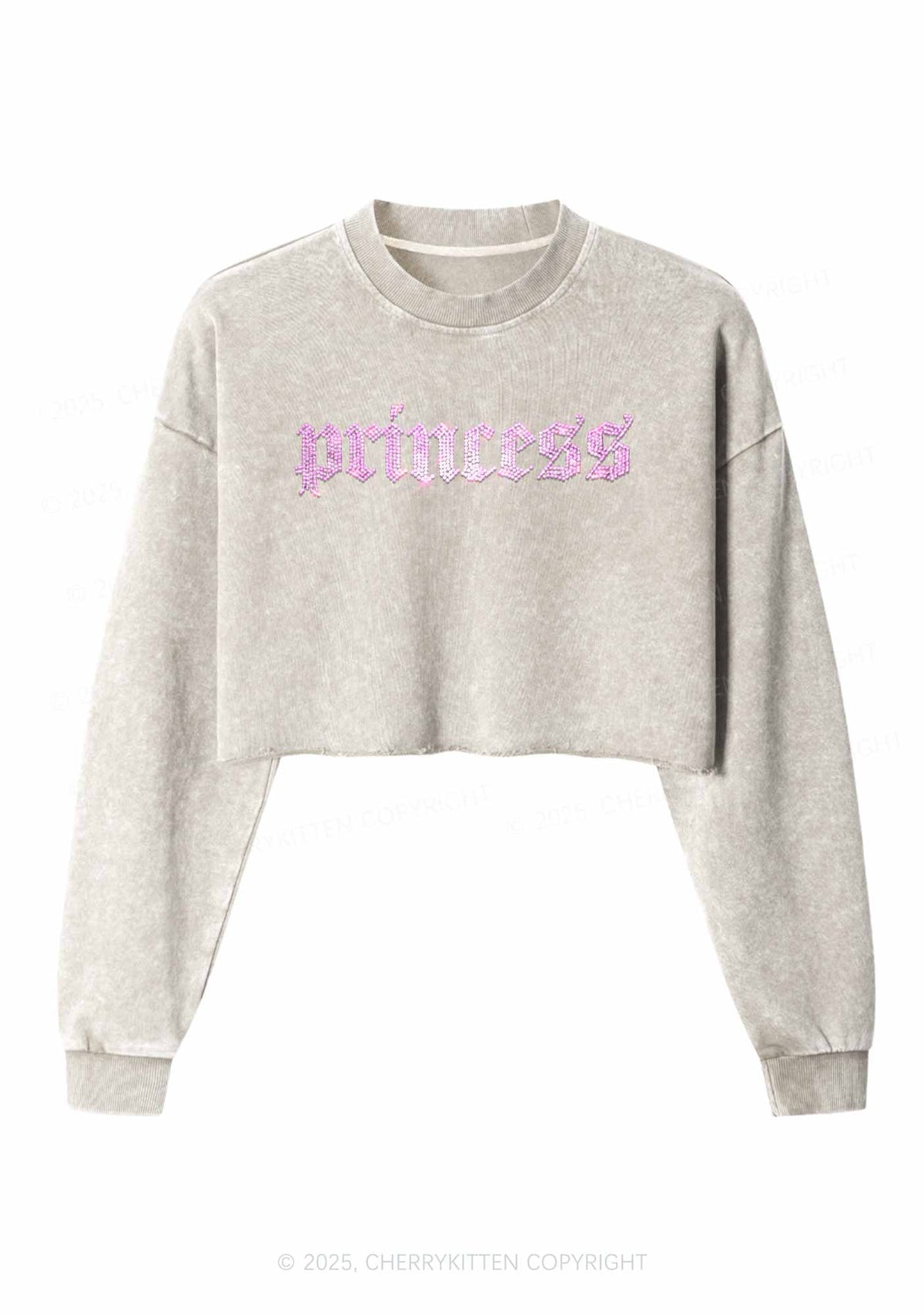 Rhinestone Princess Y2K Crop Washed Sweatshirts Cherrykitten