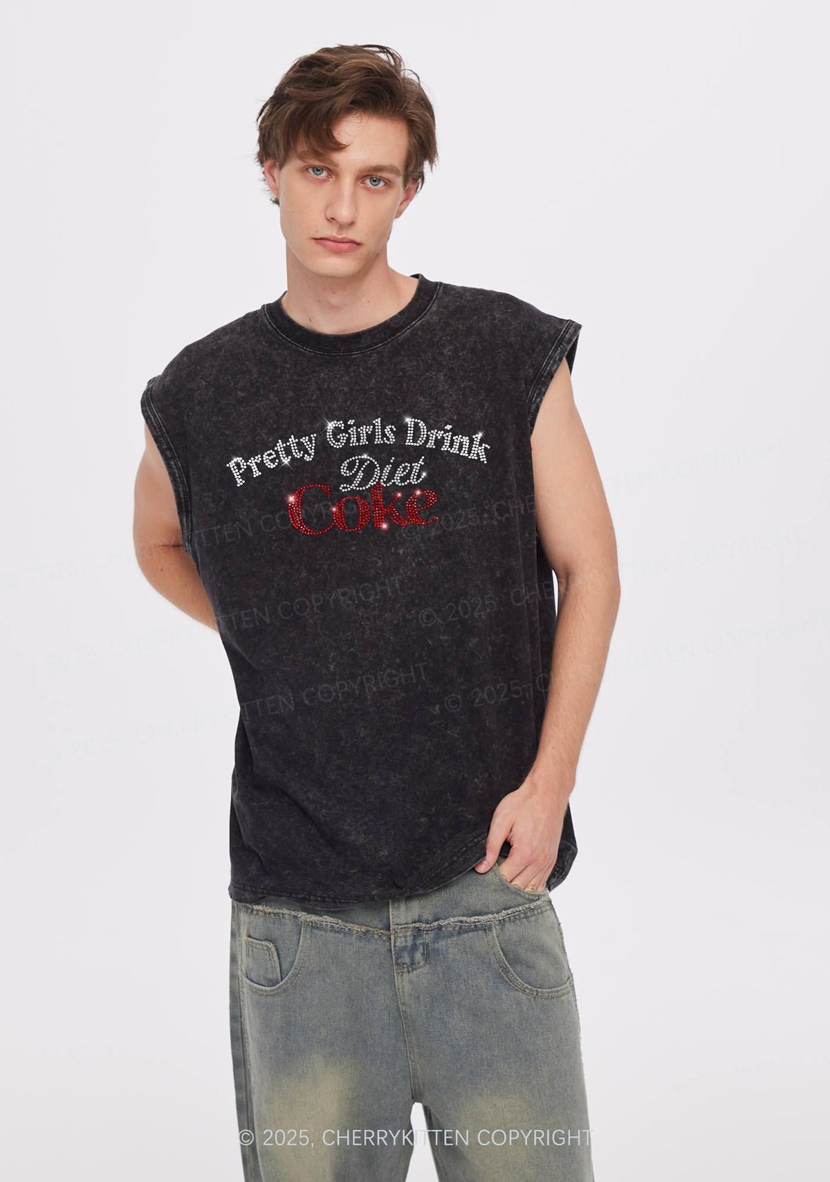 Rhinestone Pretty Girls Drink Diet Cola Y2K Washed Muscle Tank Cherrykitten
