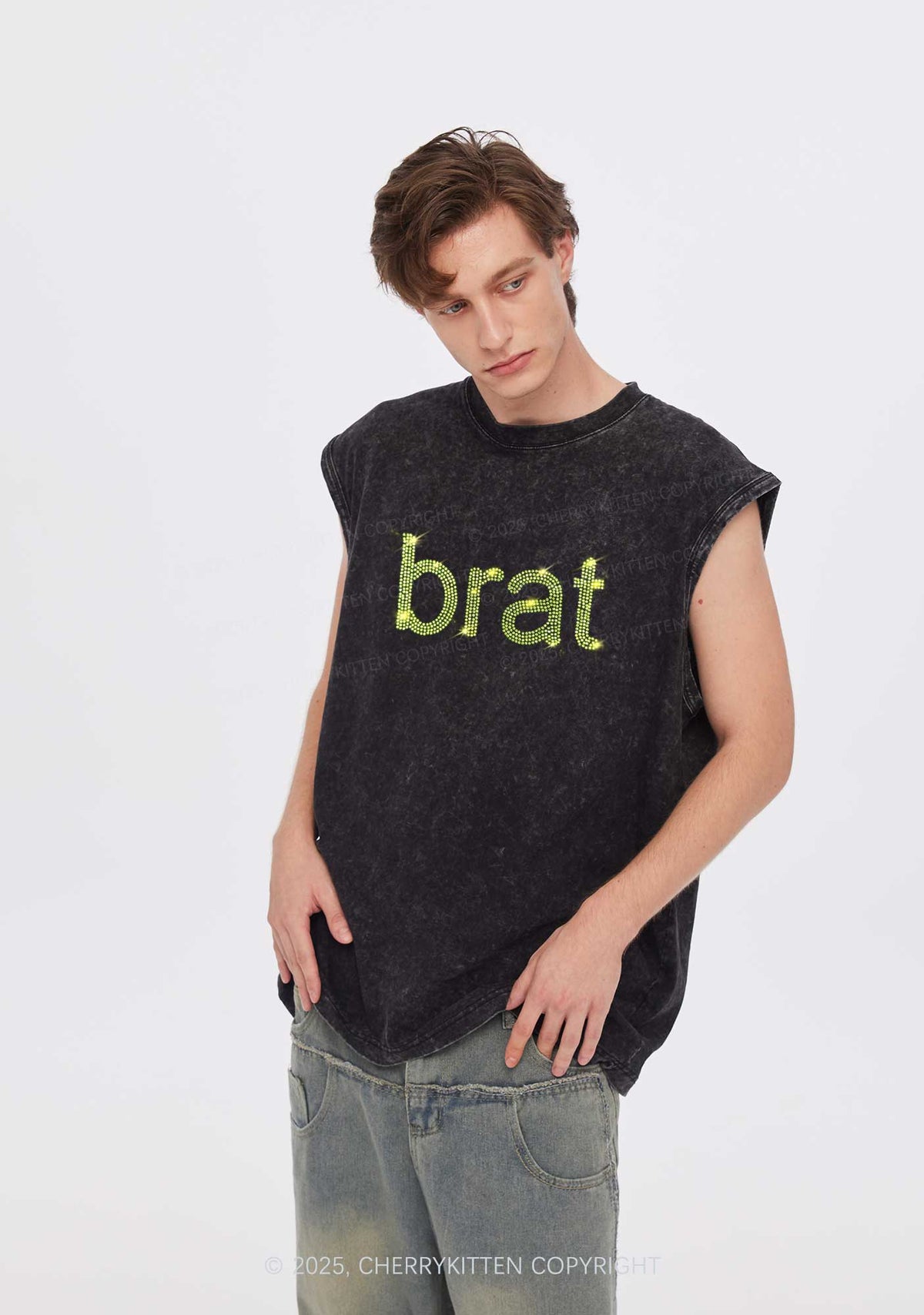 Rhinestone Green Brat Y2K Washed Muscle Tank Cherrykitten