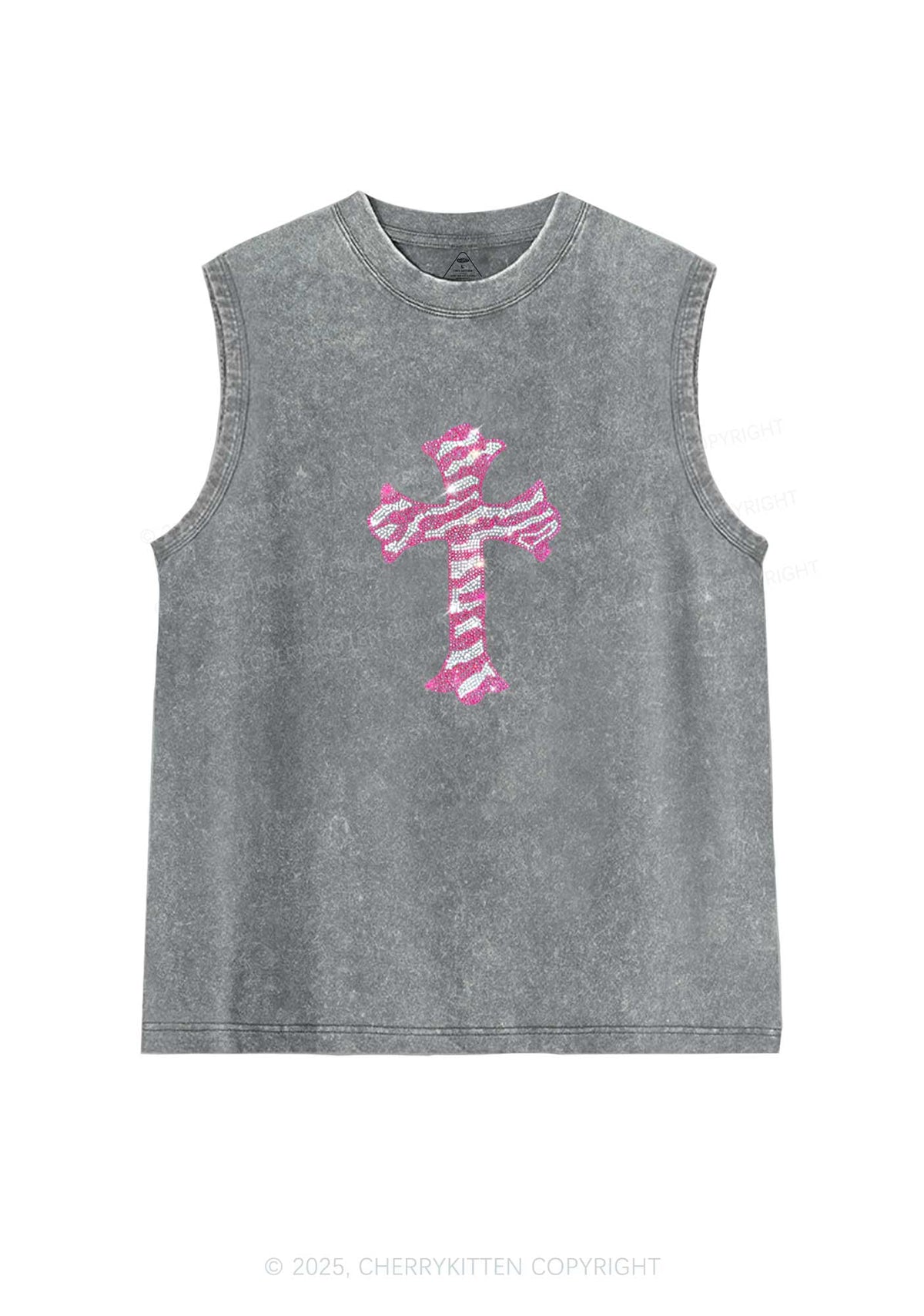 Rhinestone Pink Cross Y2K Washed Muscle Tank Cherrykitten