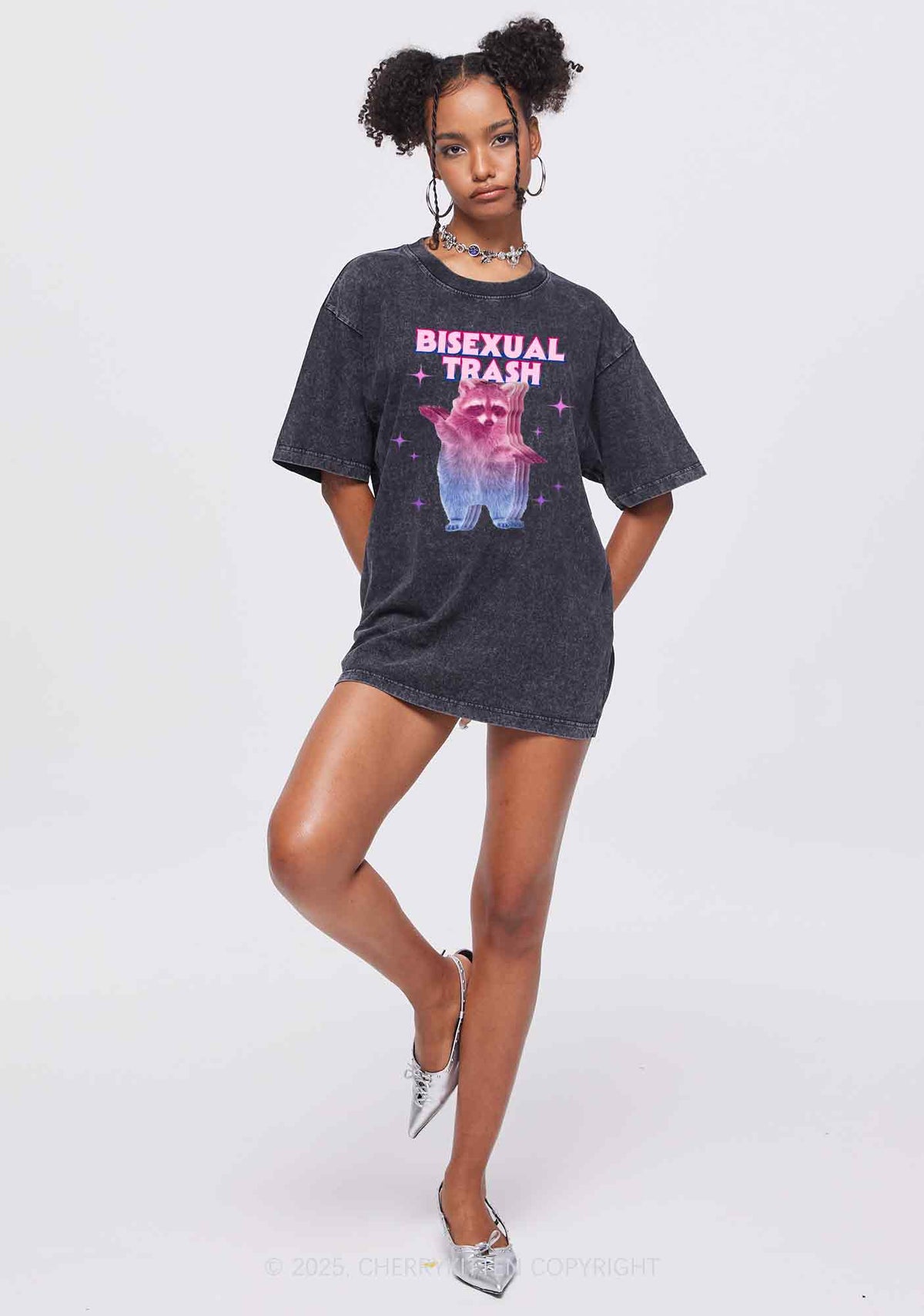 Bisexual Trash Raccoon Pride Y2K Shirts Washed Tee Cherrykitten