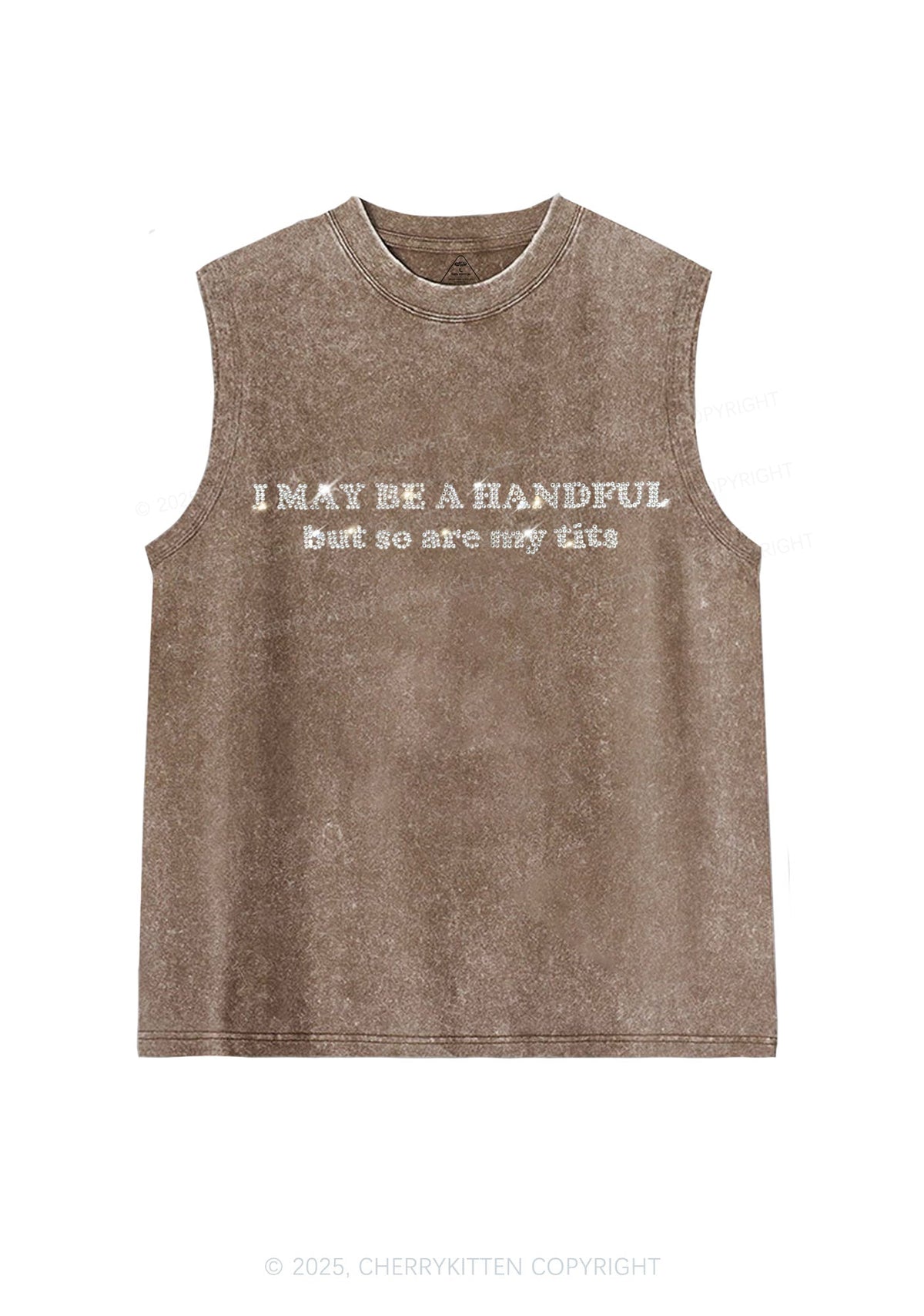 Rhinestone I May Be A Handful Y2K Washed Muscle Tank Cherrykitten