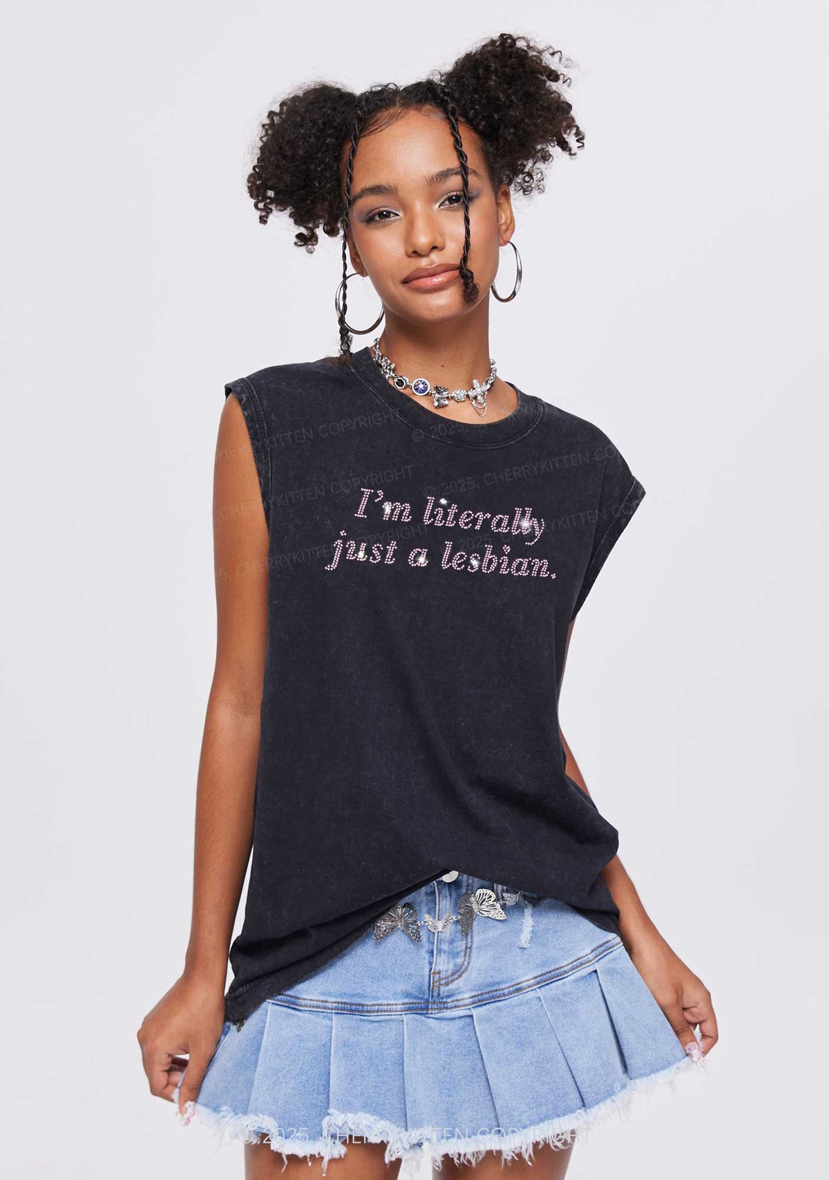 Rhinestone Literally Just A Lesbian Pride Y2K Washed Muscle Tank Cherrykitten