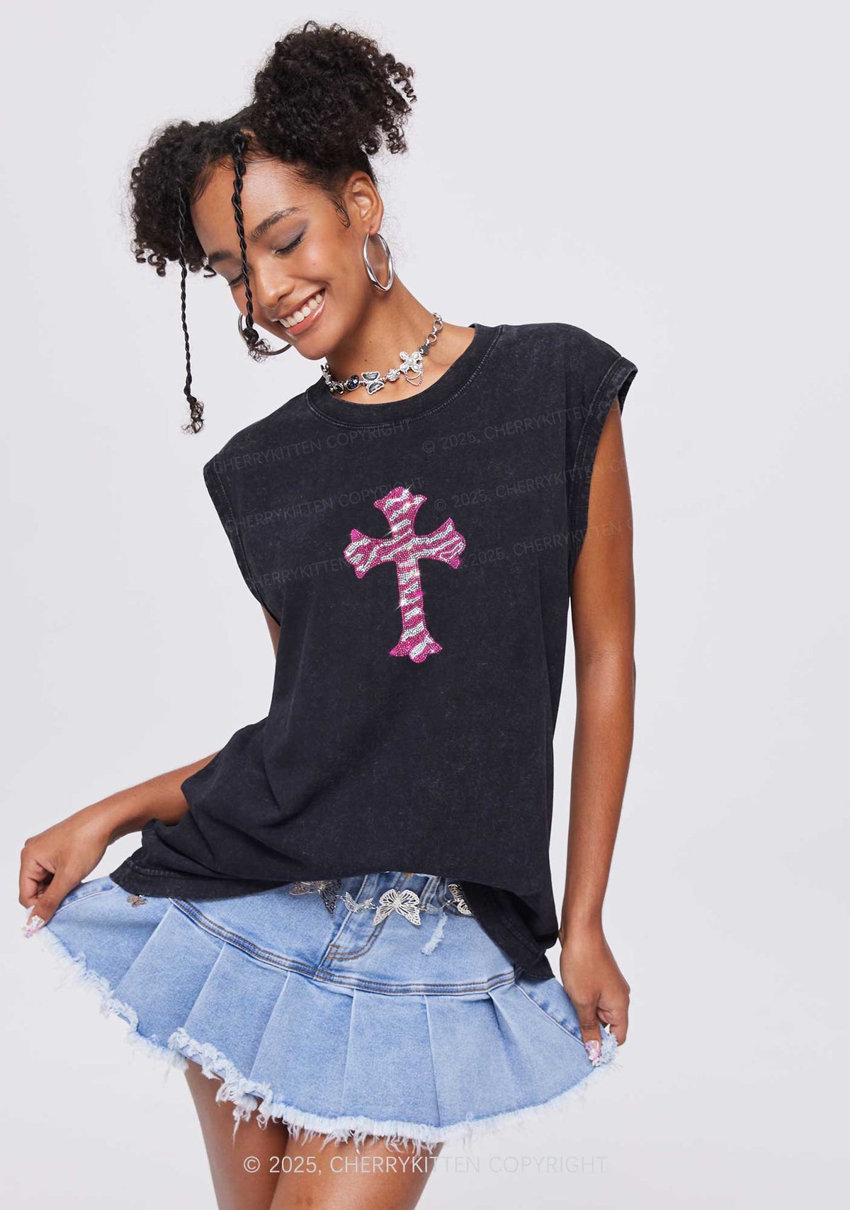 Rhinestone Pink Cross Y2K Washed Muscle Tank Cherrykitten