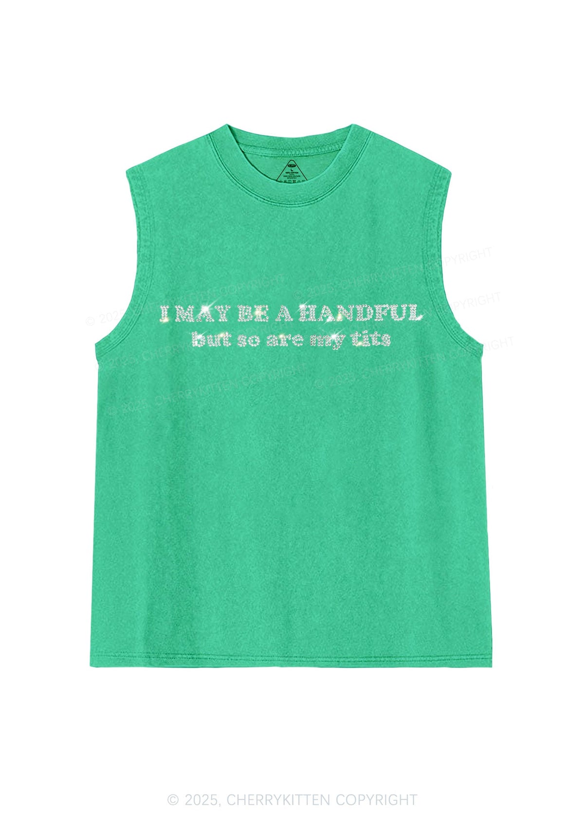 Rhinestone I May Be A Handful Y2K Washed Muscle Tank Cherrykitten