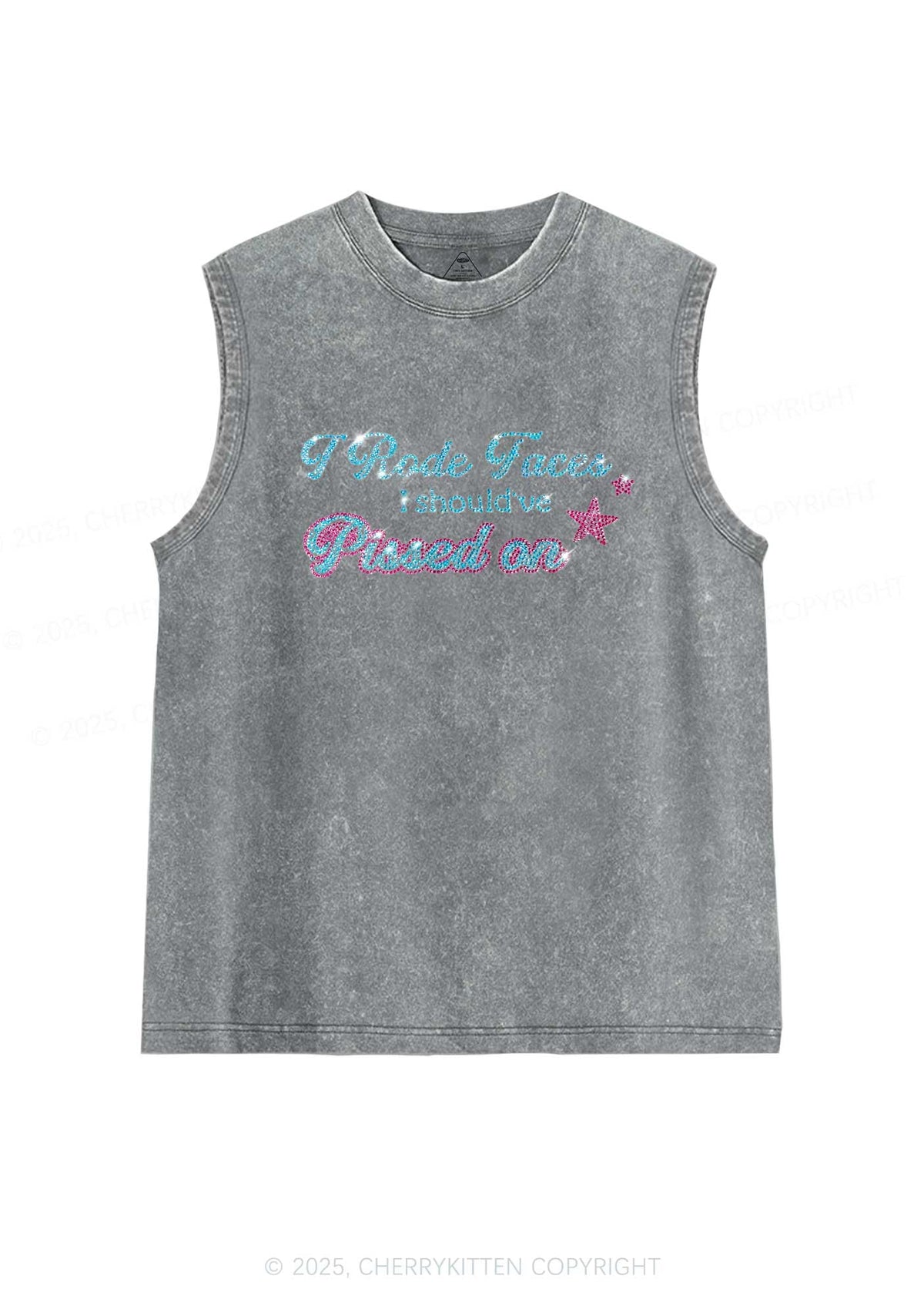 Rhinestone I Rode Faces Y2K Washed Muscle Tank Cherrykitten