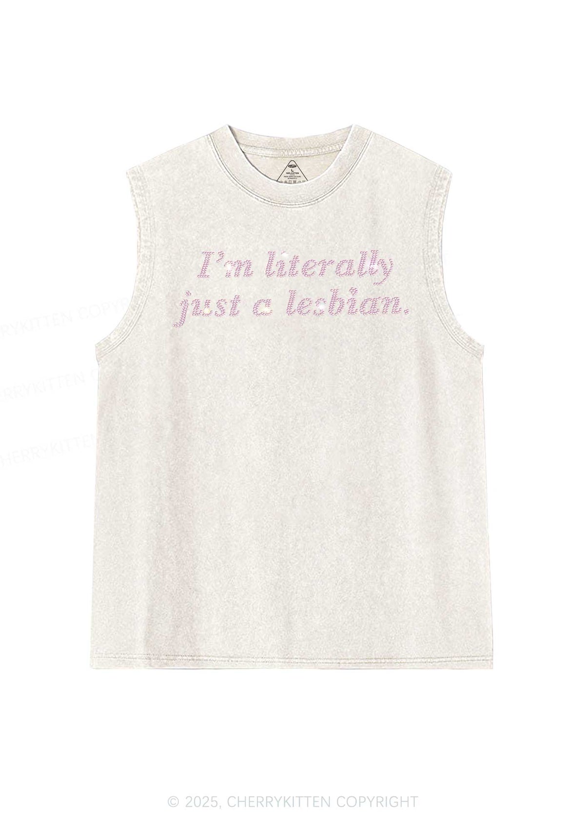 Rhinestone Literally Just A Lesbian Pride Y2K Washed Muscle Tank Cherrykitten