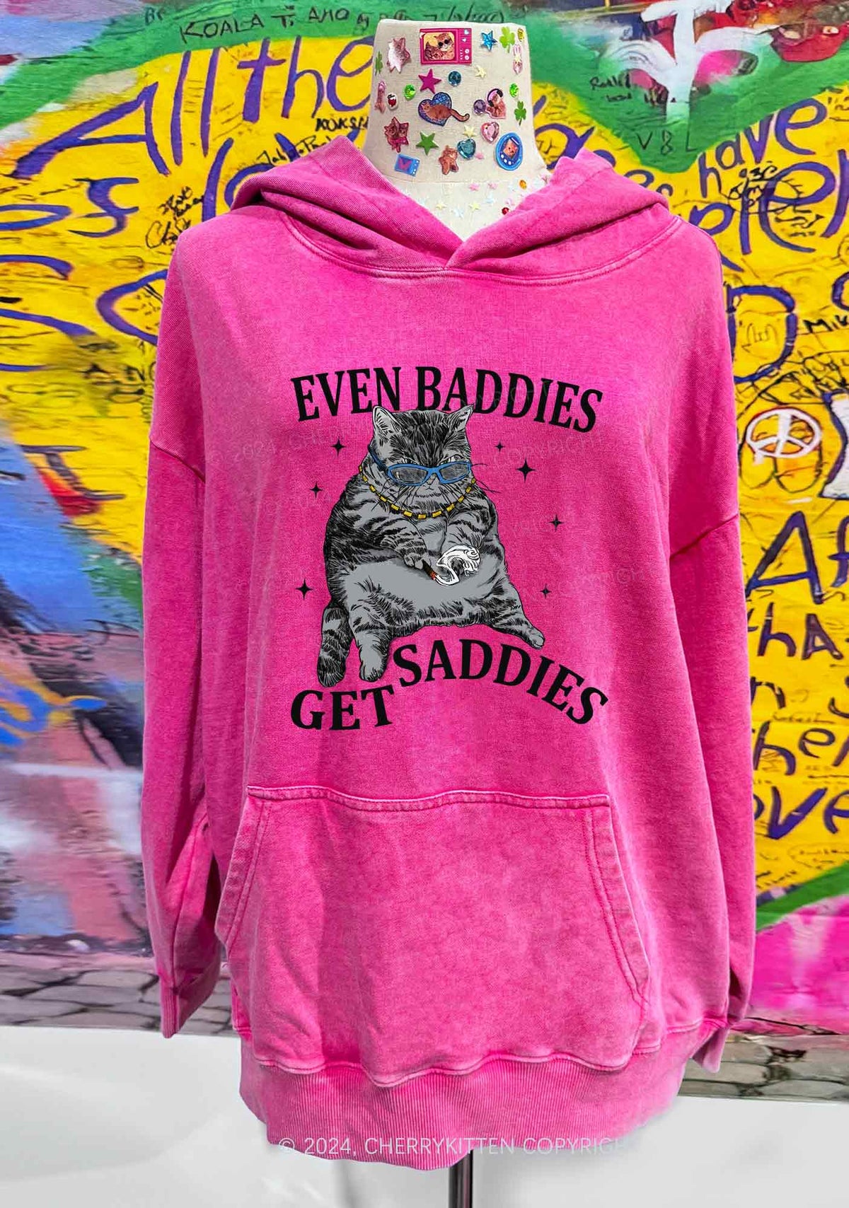 Even Baddies Get Saddies Y2K Washed Hoodie Cherrykitten