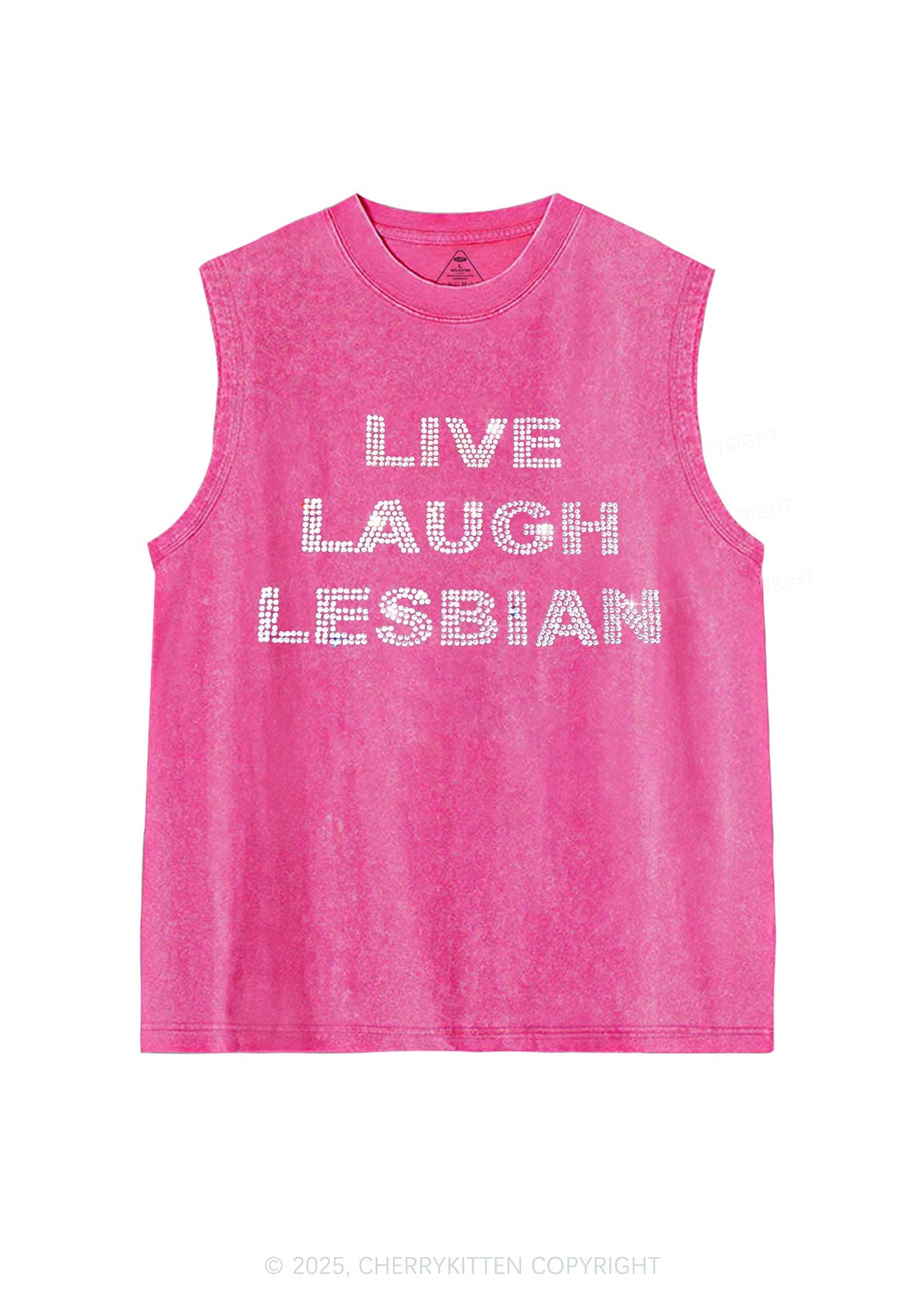 Rhinestone Live Laugh Lesbian Pride Y2K Washed Muscle Tank Cherrykitten
