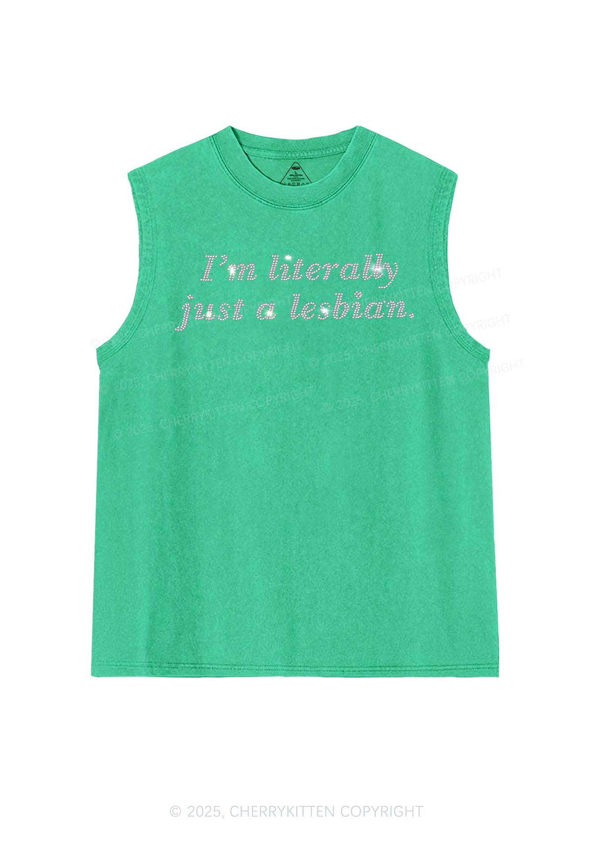 Rhinestone Literally Just A Lesbian Pride Y2K Washed Muscle Tank Cherrykitten