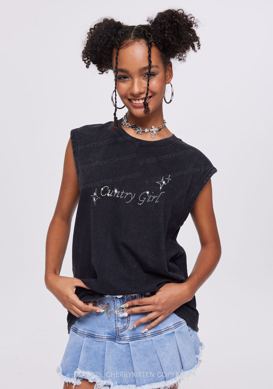 Rhinestone Cxxtry Girl Y2K Washed Muscle Tank Cherrykitten