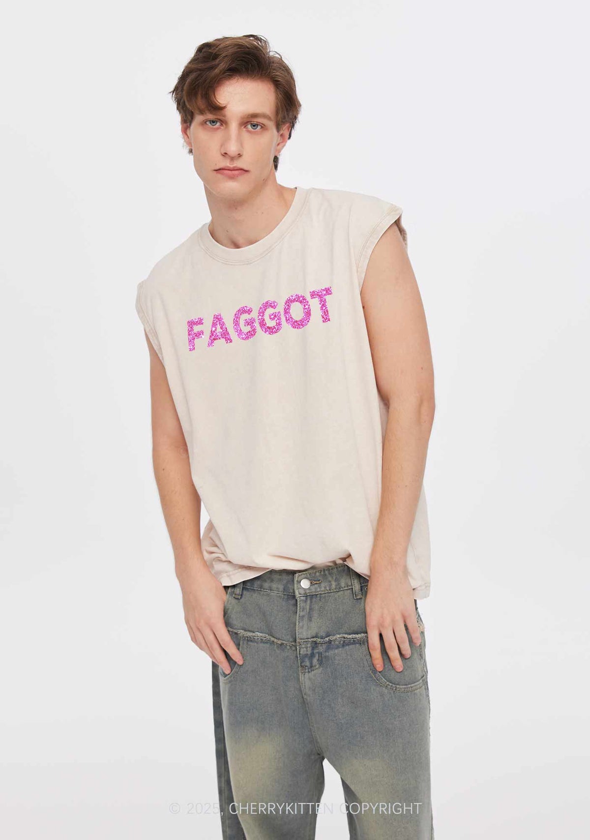 Glitter Faggot Pride Y2K Washed Muscle Tank Cherrykitten