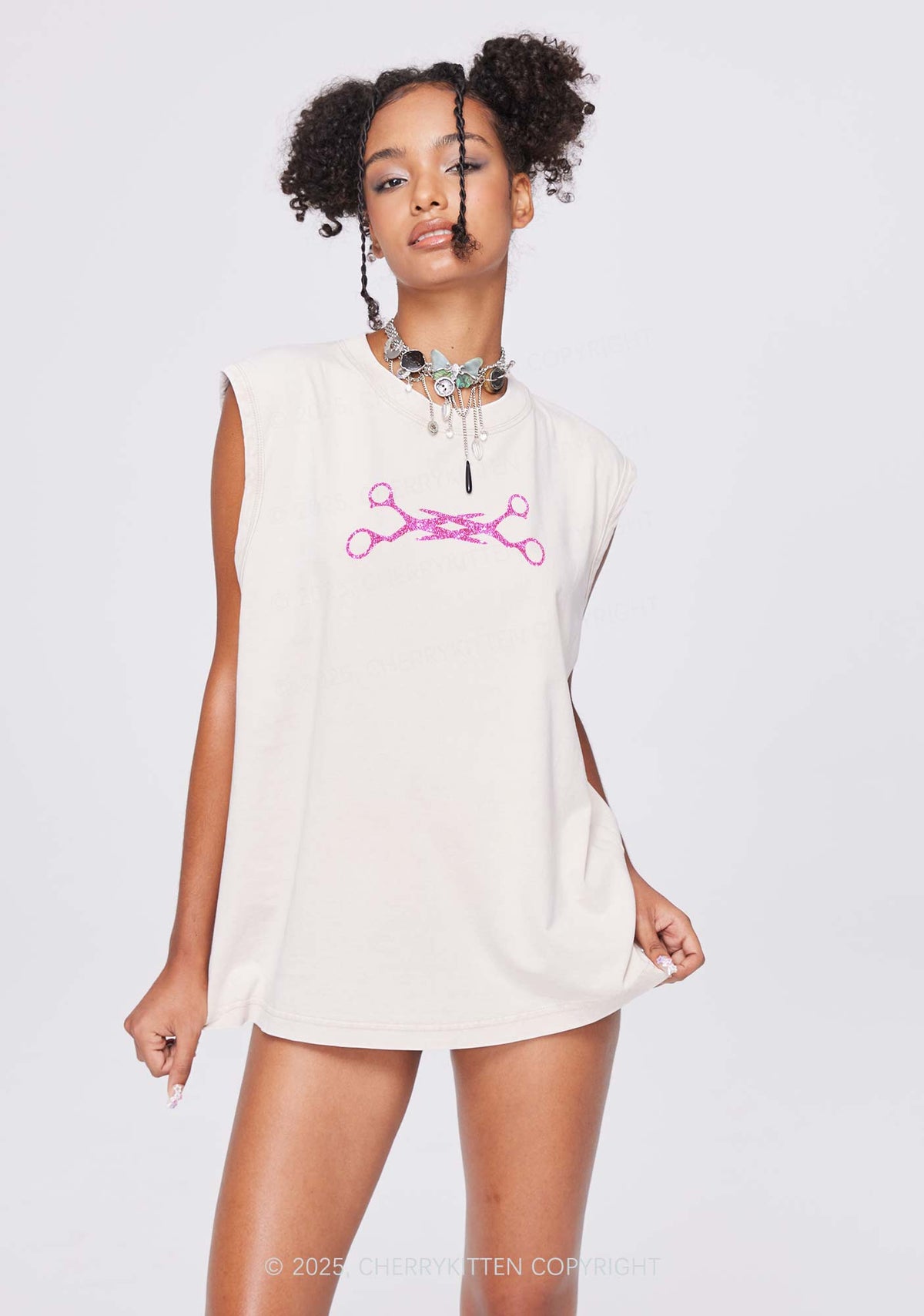 Glitter Pink Scissor Pride Y2K Washed Muscle Tank Cherrykitten