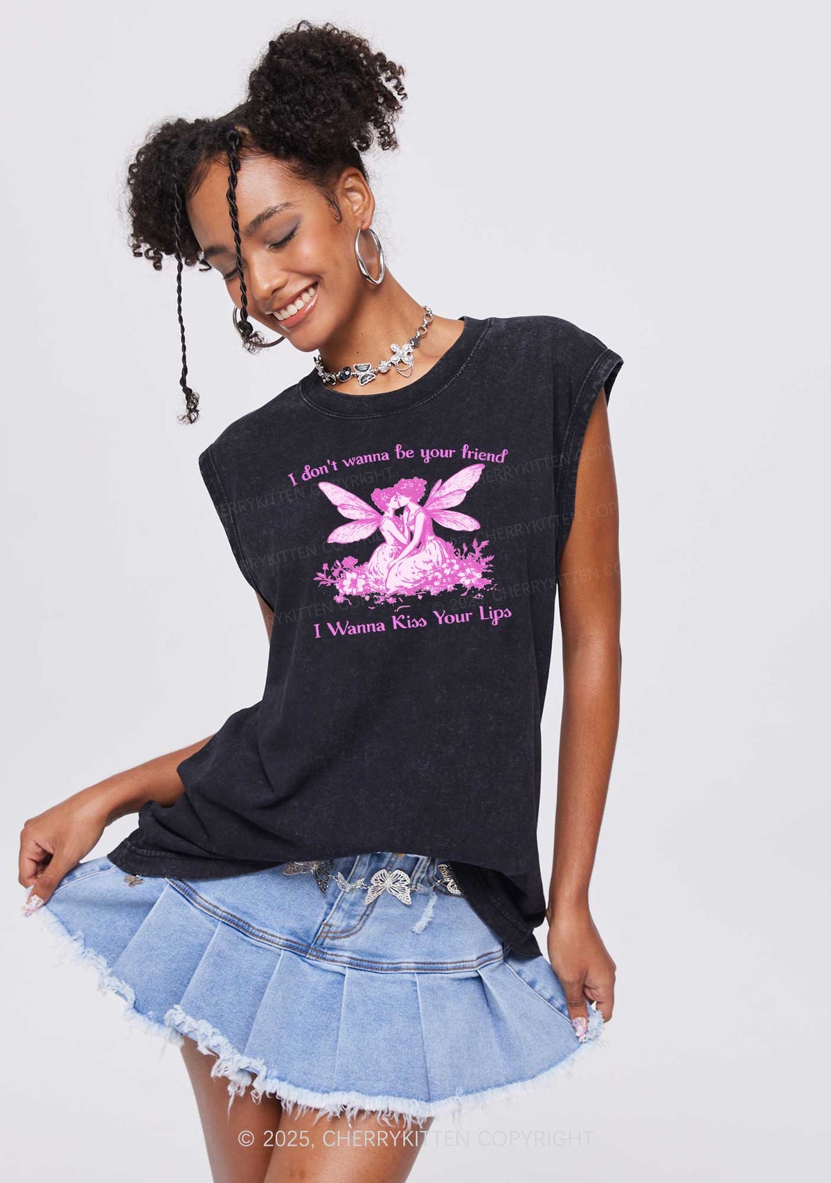 I Wanna Kiss Your Lips Pride Y2K Washed Muscle Tank Cherrykitten