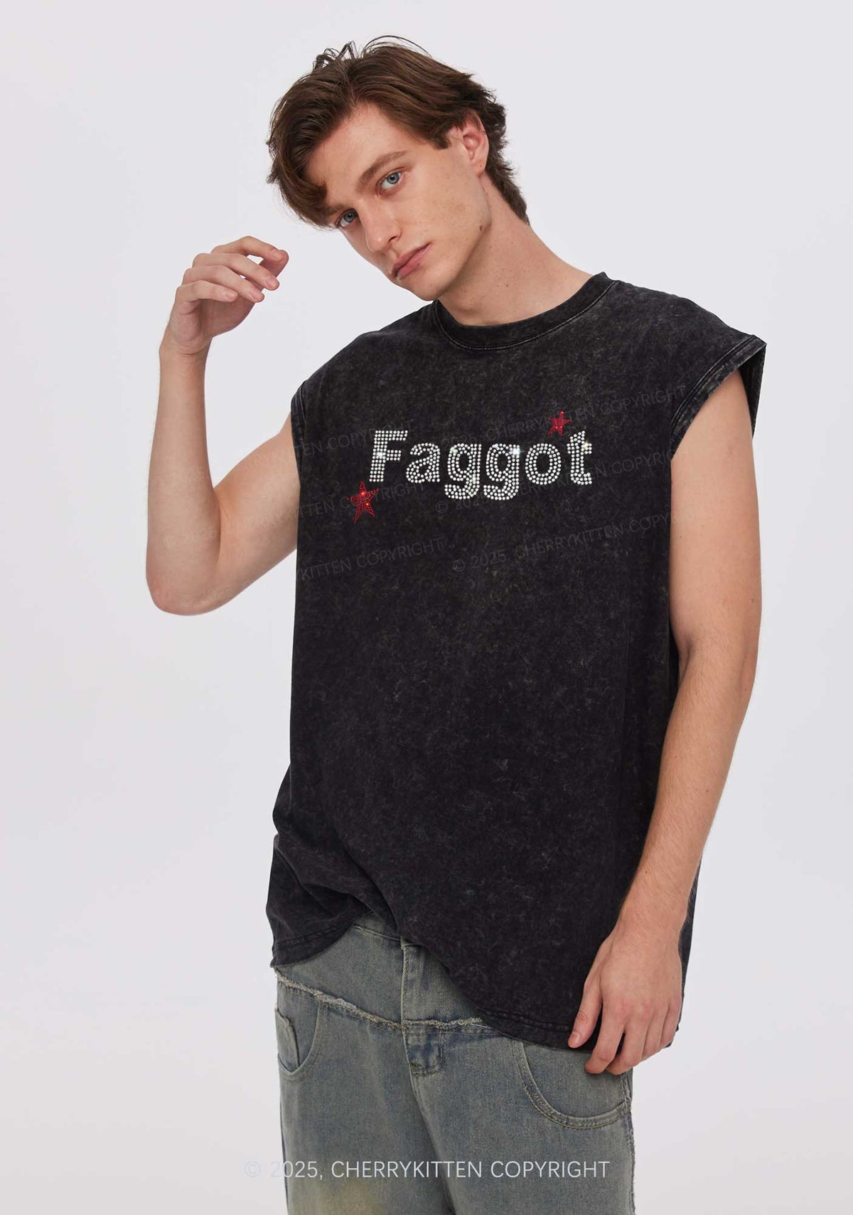 Rhinestone Faggot Pride Y2K Washed Muscle Tank Cherrykitten