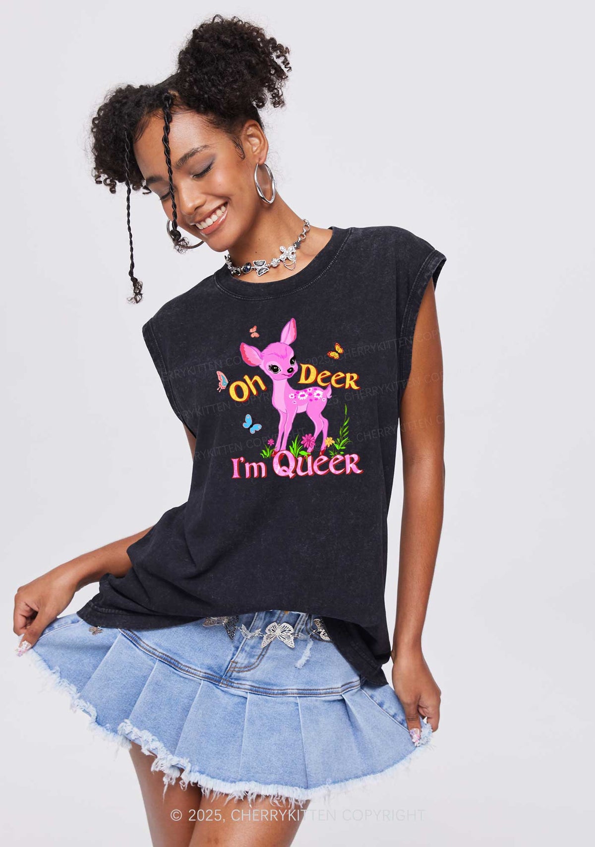 Oh Deer Im Queer Pride Y2K Washed Muscle Tank Cherrykitten