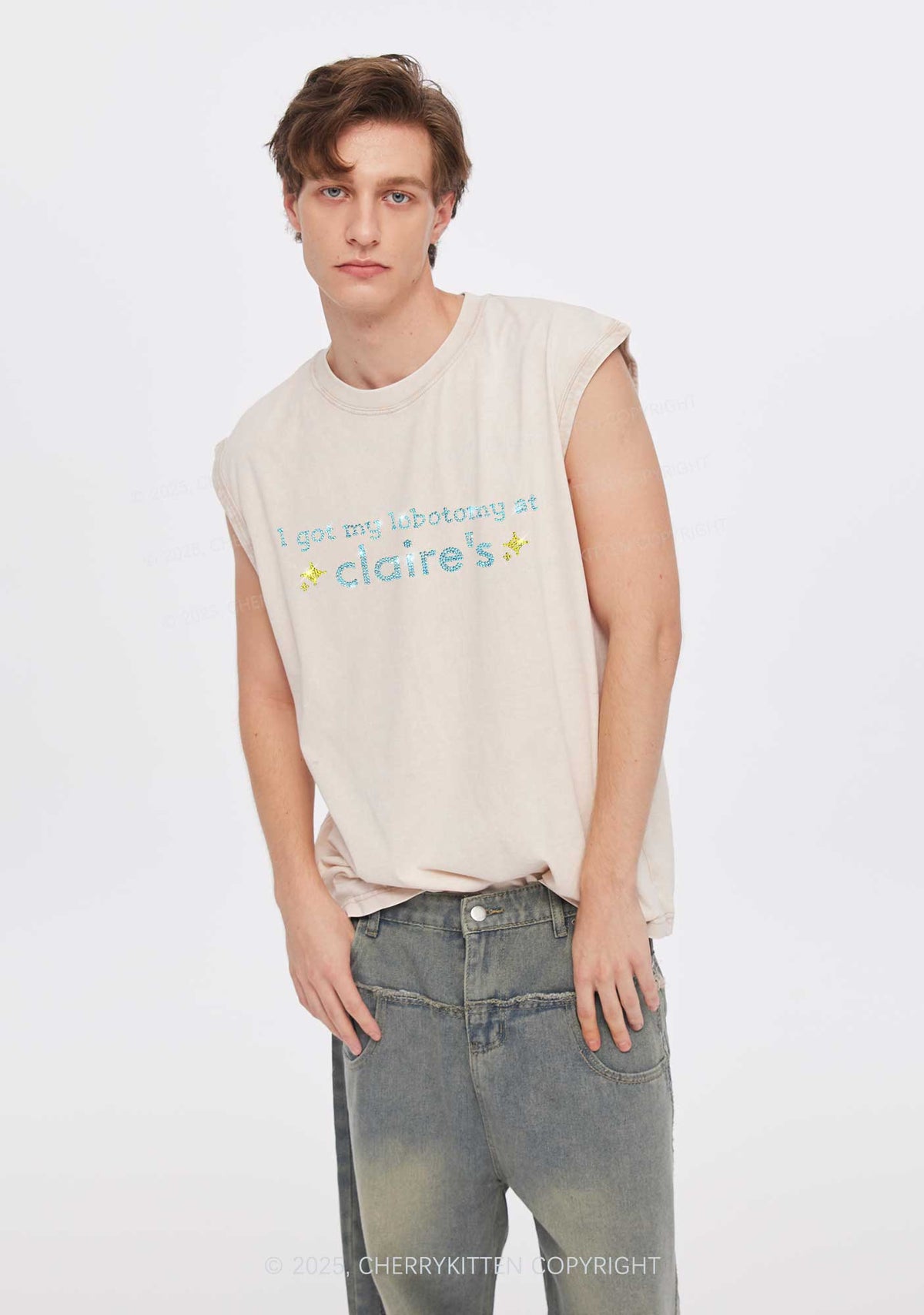 Rhinestone I Got My Lobotomy At Claires Y2K Washed Muscle Tank Cherrykitten