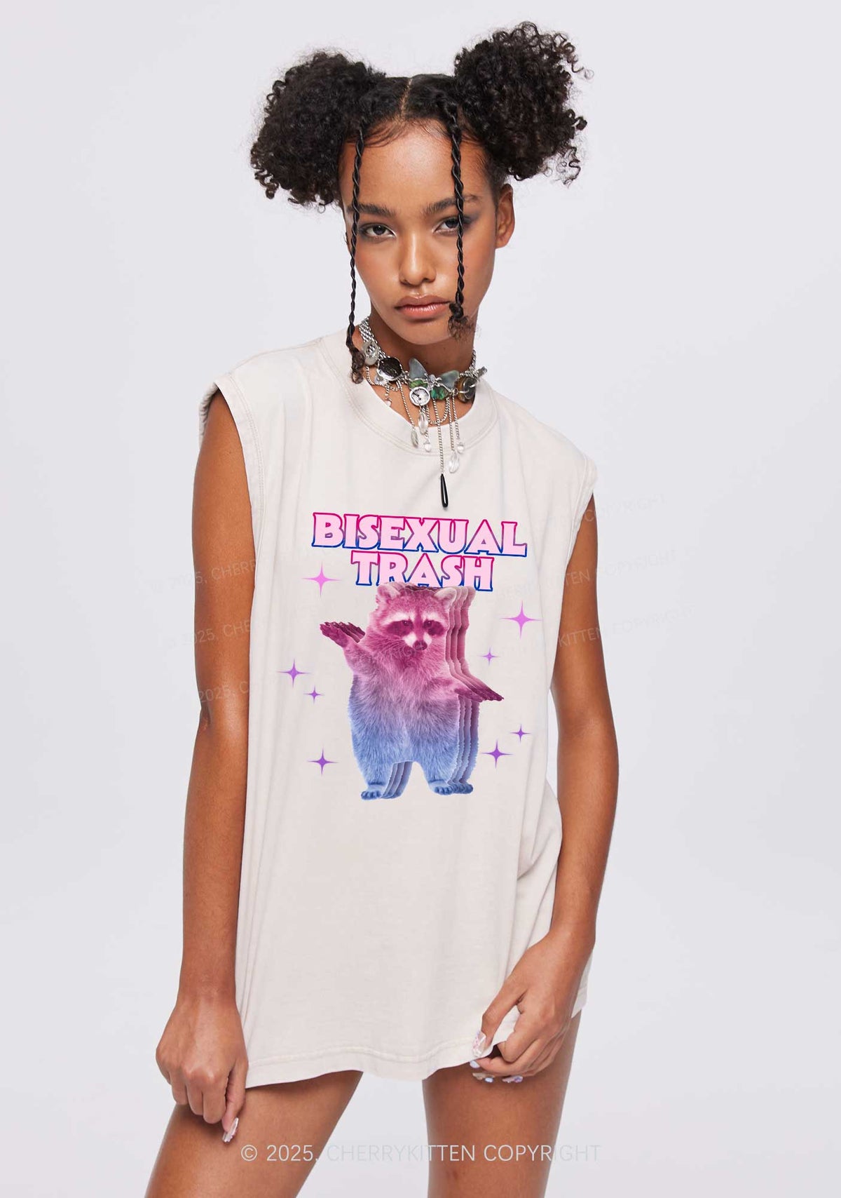 Bisexual Trash Raccoon Pride Y2K Washed Muscle Tank Cherrykitten