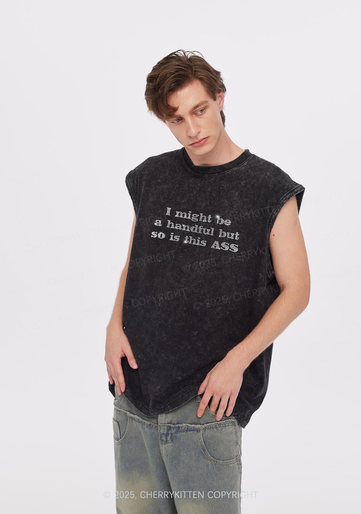Rhinestone I Might Be Handful Y2K Washed Muscle Tank Cherrykitten
