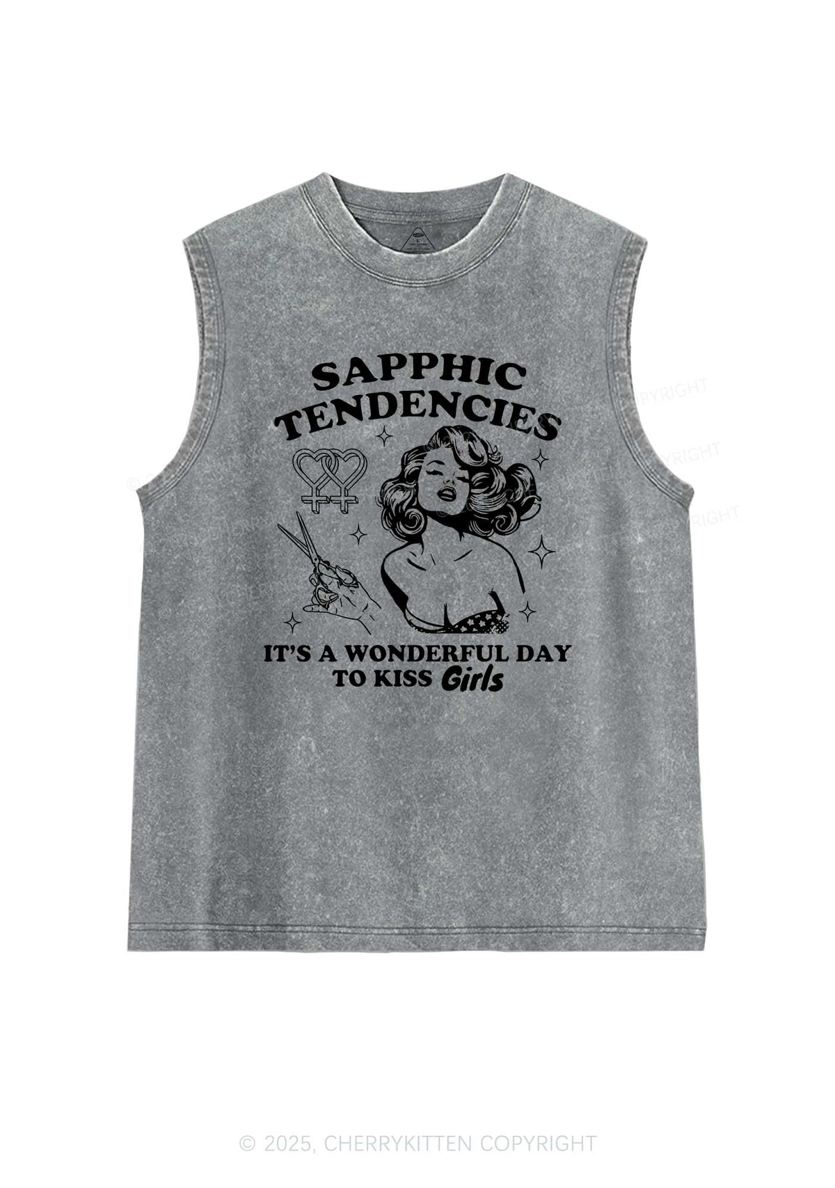 Sapphic Tendencies Kiss Girls Pride Y2K Washed Muscle Tank Cherrykitten