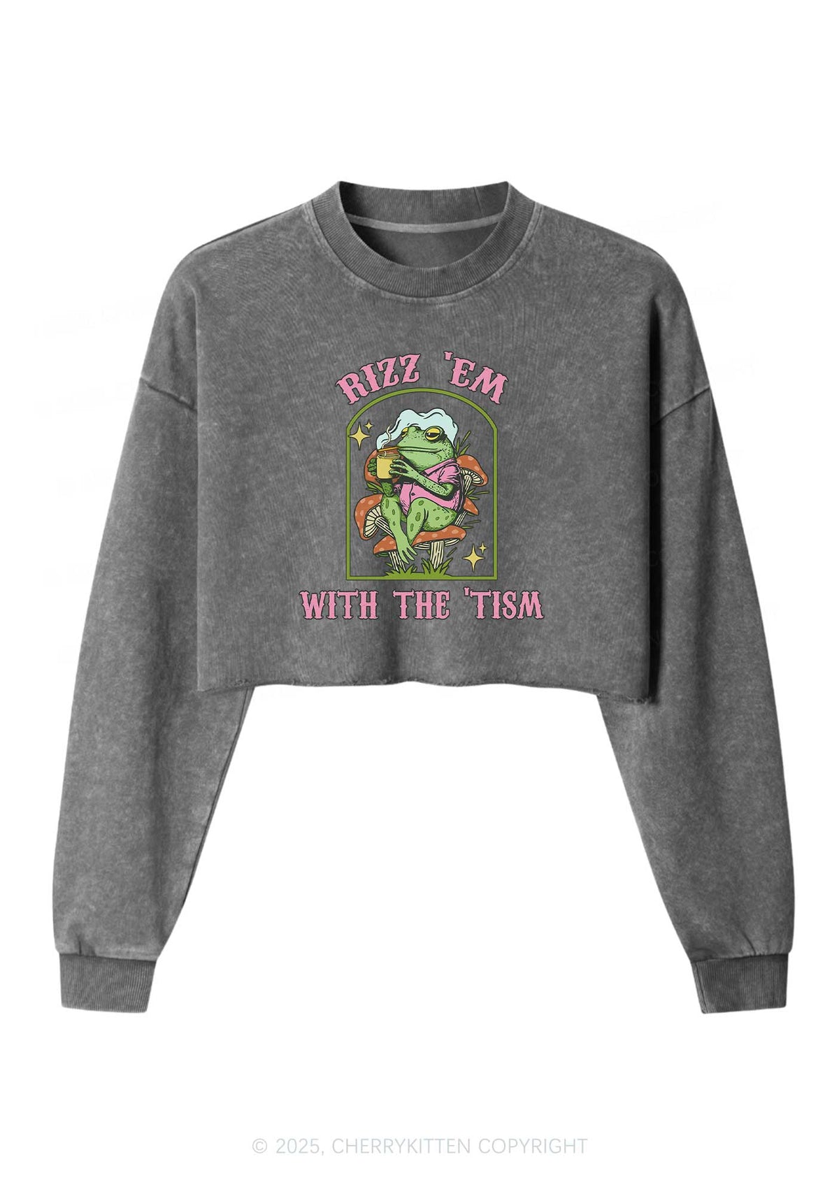 Tism Rizz Frog Y2K Crop Washed Sweatshirts Cherrykitten