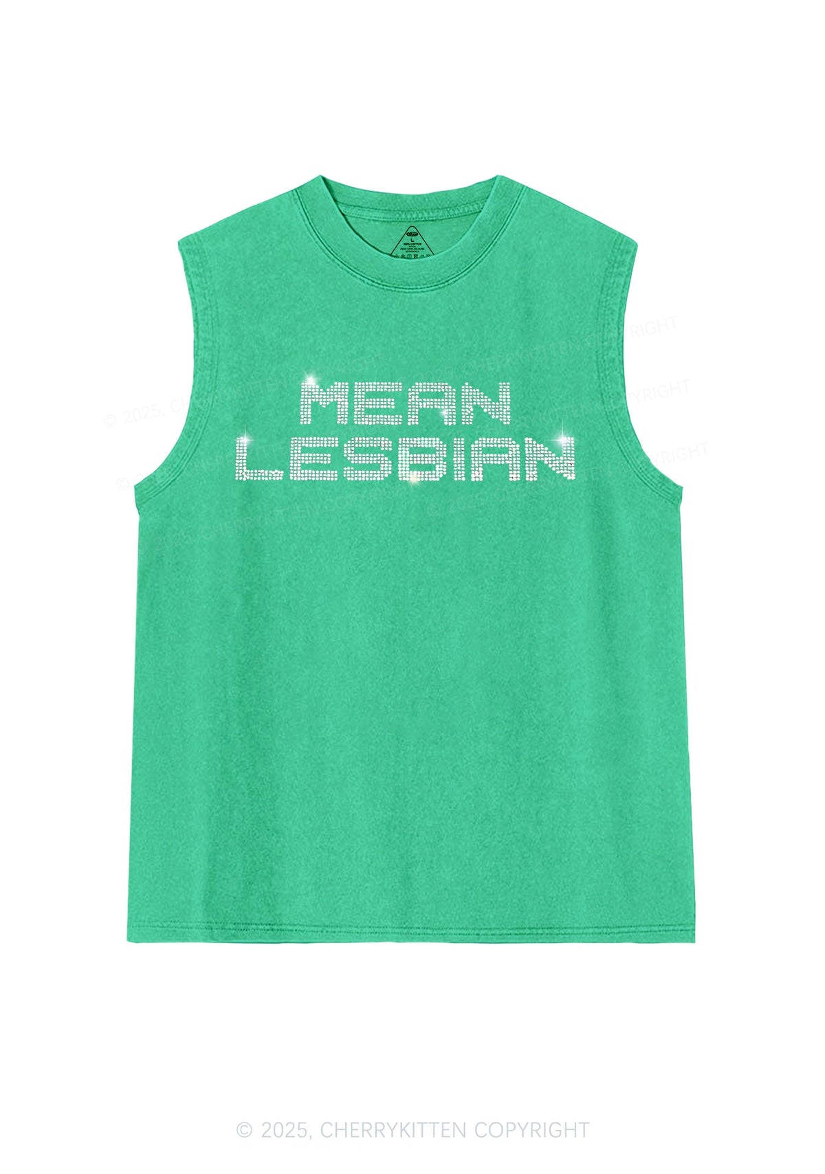 Rhinestone Mean Lesbian Pride Y2K Washed Muscle Tank Cherrykitten