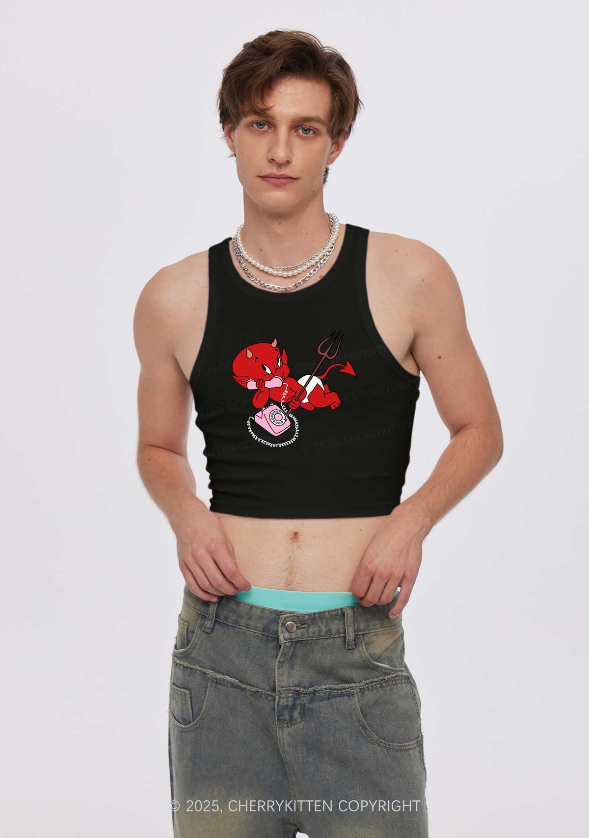 Little Devil On The Phone Y2K Crop Tank Top Cherrykitten
