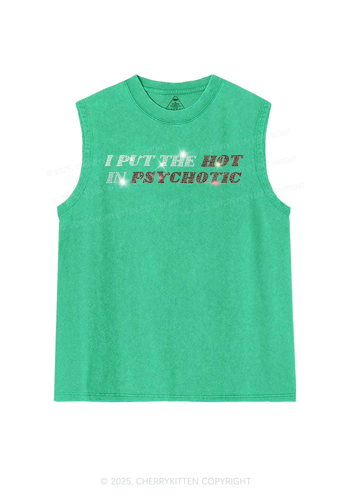 Rhinestone I Put The Hot In Psychotic Y2K Washed Muscle Tank Cherrykitten