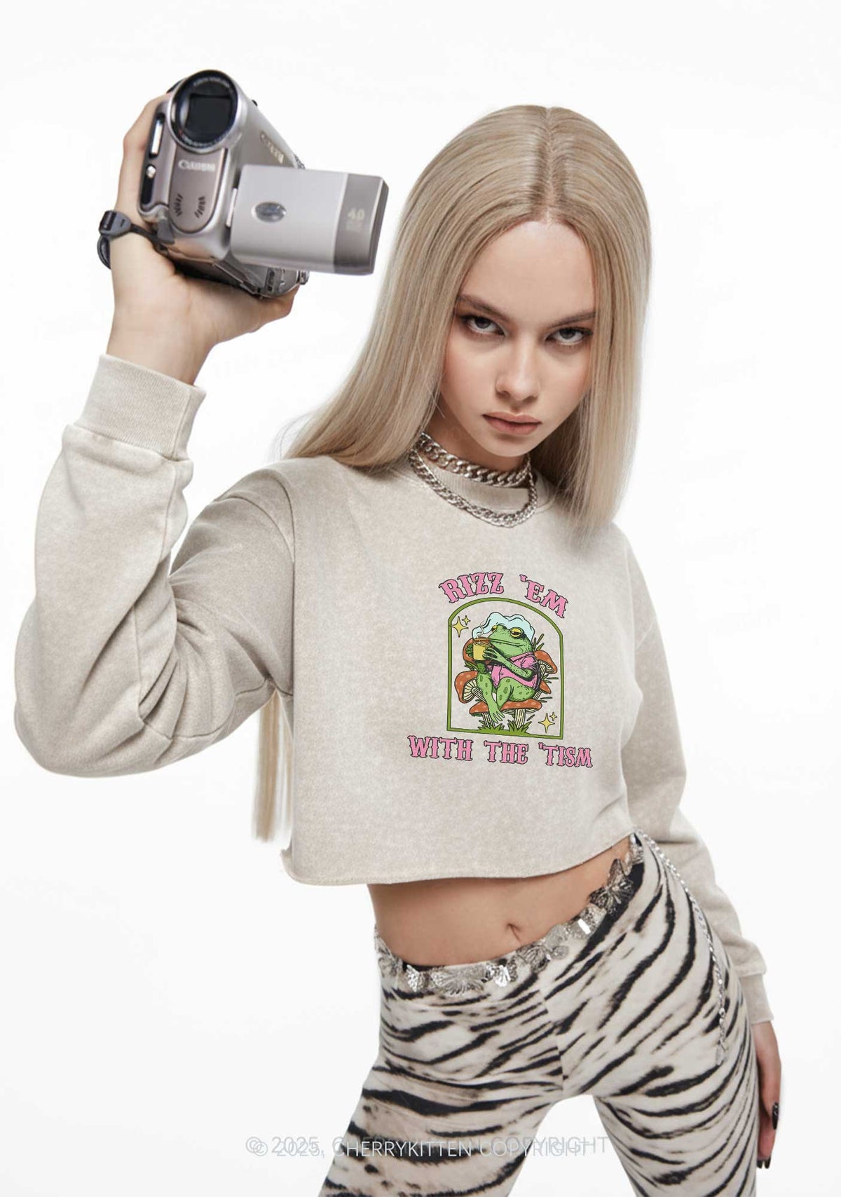 Tism Rizz Frog Y2K Crop Washed Sweatshirts Cherrykitten