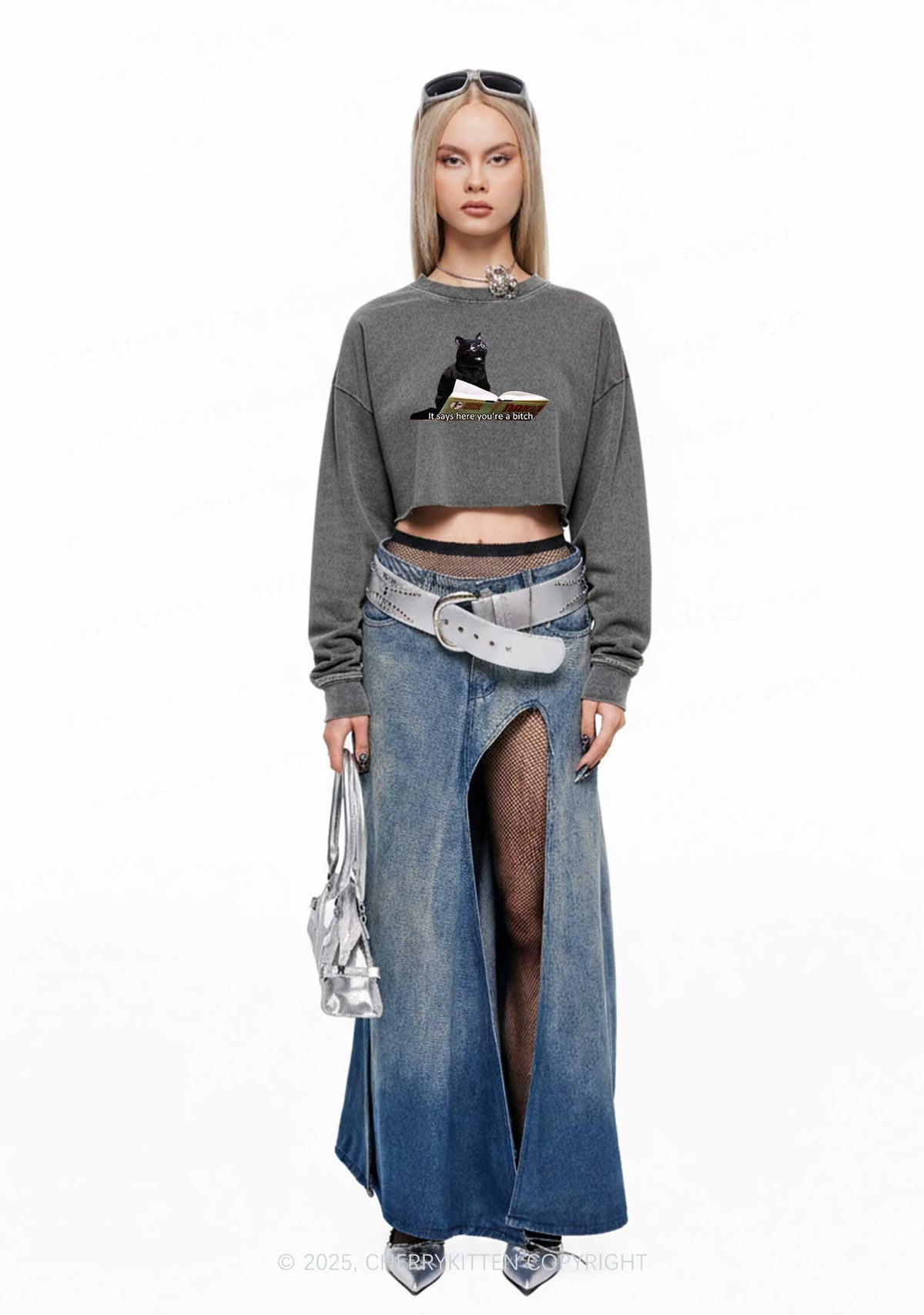 It Says Here Youre A Bixxh Y2K Crop Washed Sweatshirts Cherrykitten