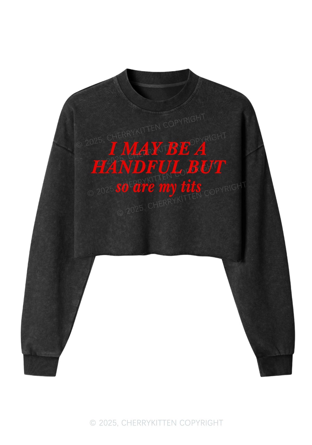 I May Be A Handful Y2K Crop Washed Sweatshirts Cherrykitten