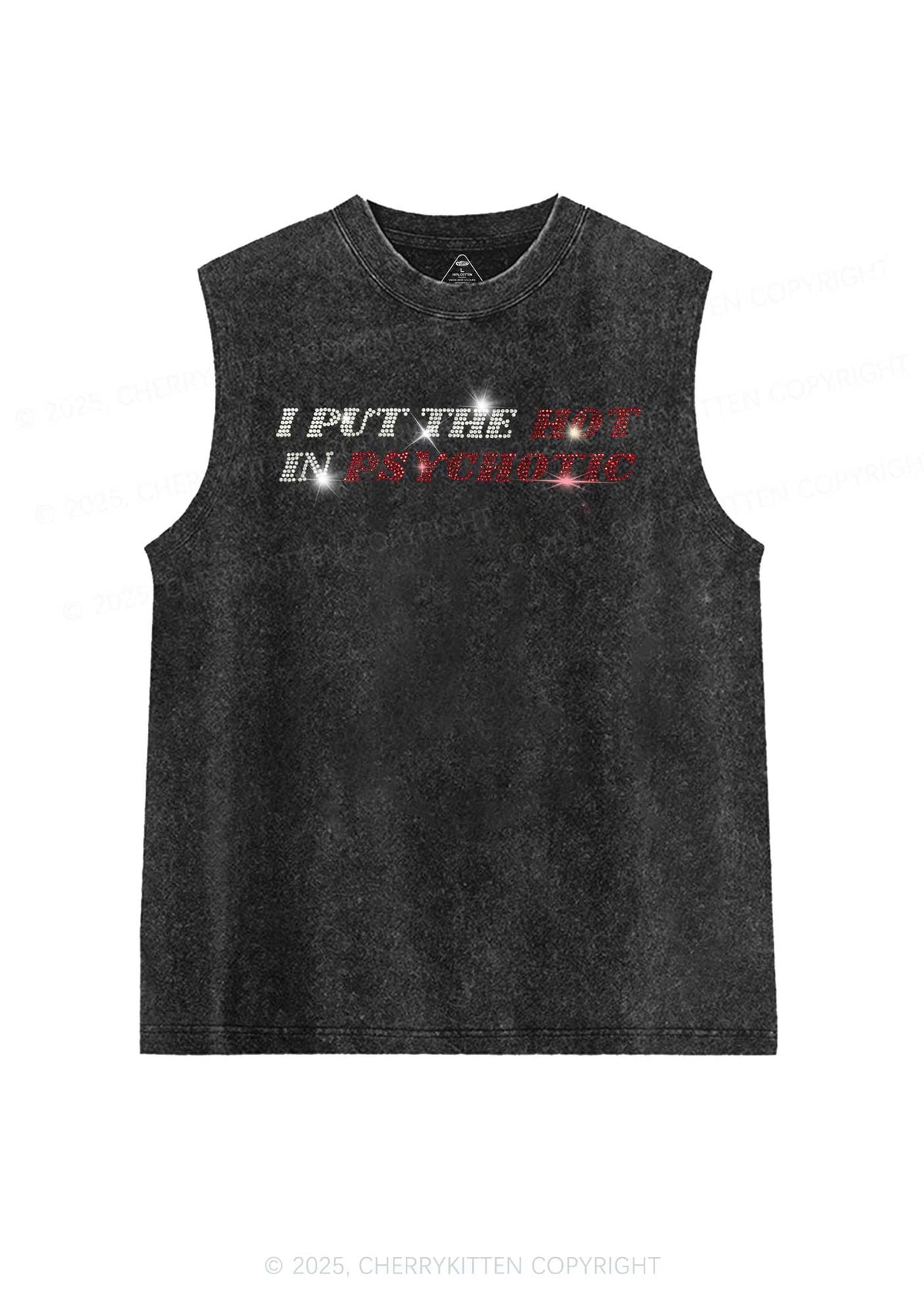 Rhinestone I Put The Hot In Psychotic Y2K Washed Muscle Tank Cherrykitten