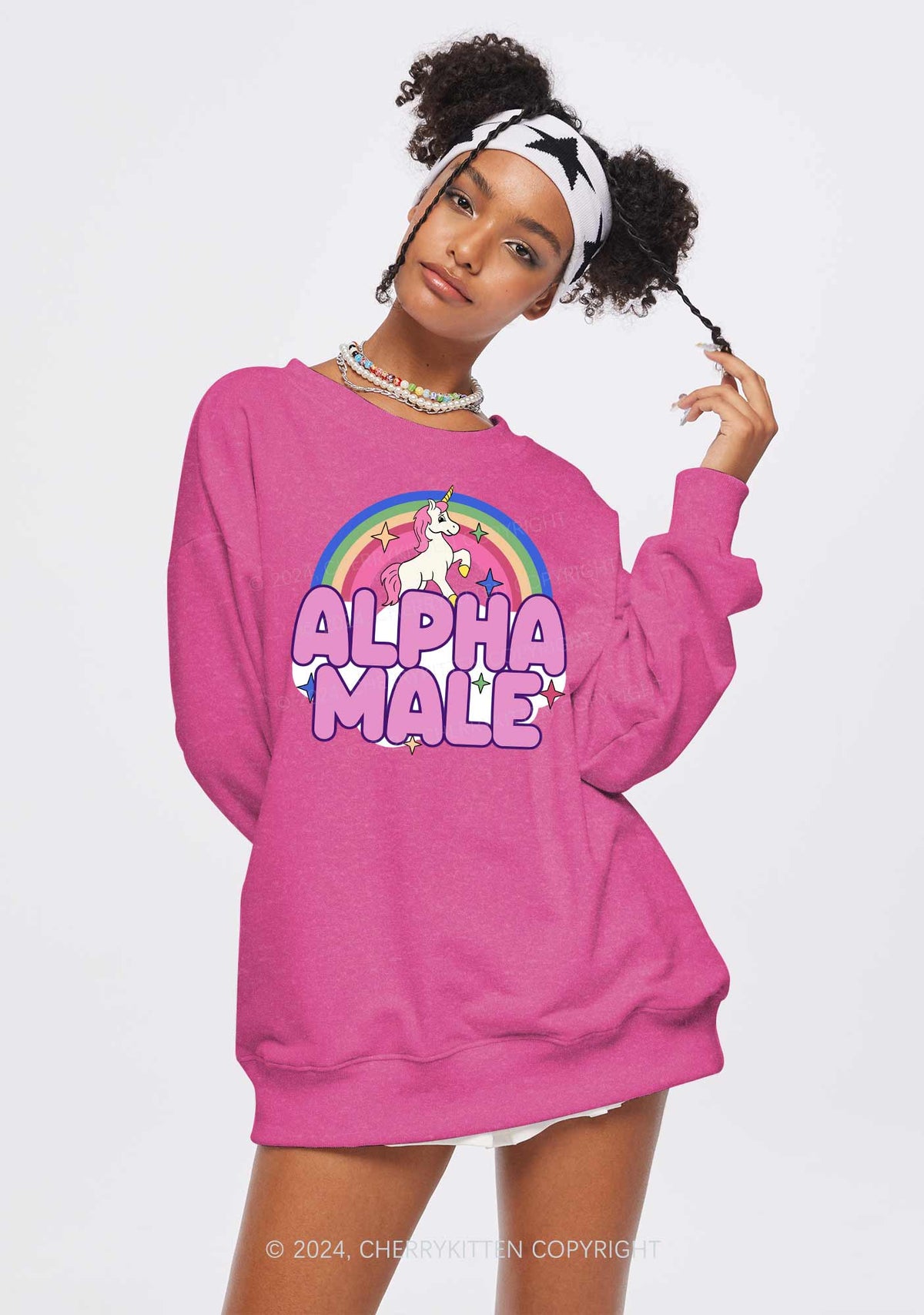 Rainbow Unicorn Alpha Male Y2K Washed Sweatshirts Cherrykitten