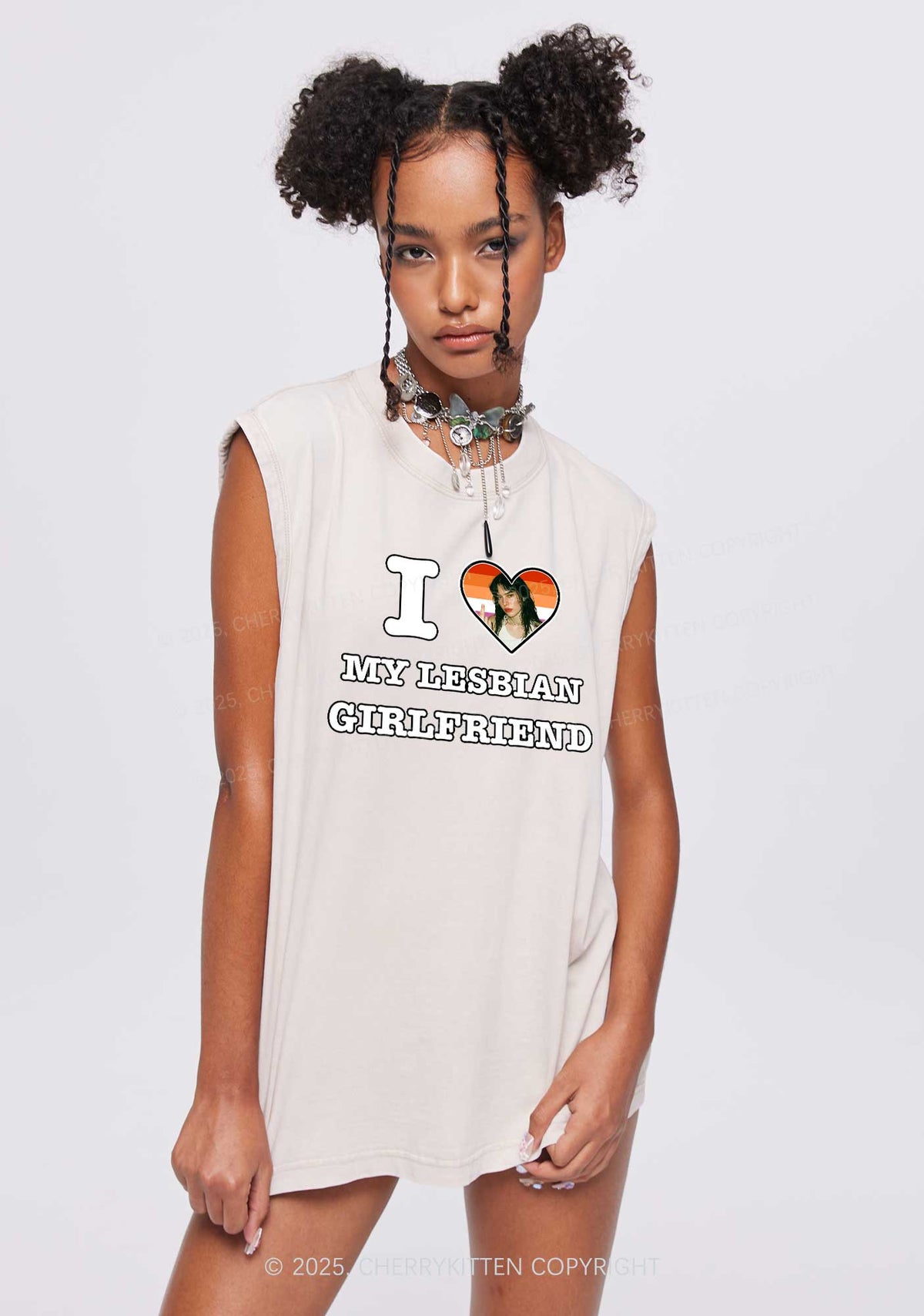 Custom My Lesbian GF Pride Y2K Washed Muscle Tank Cherrykitten